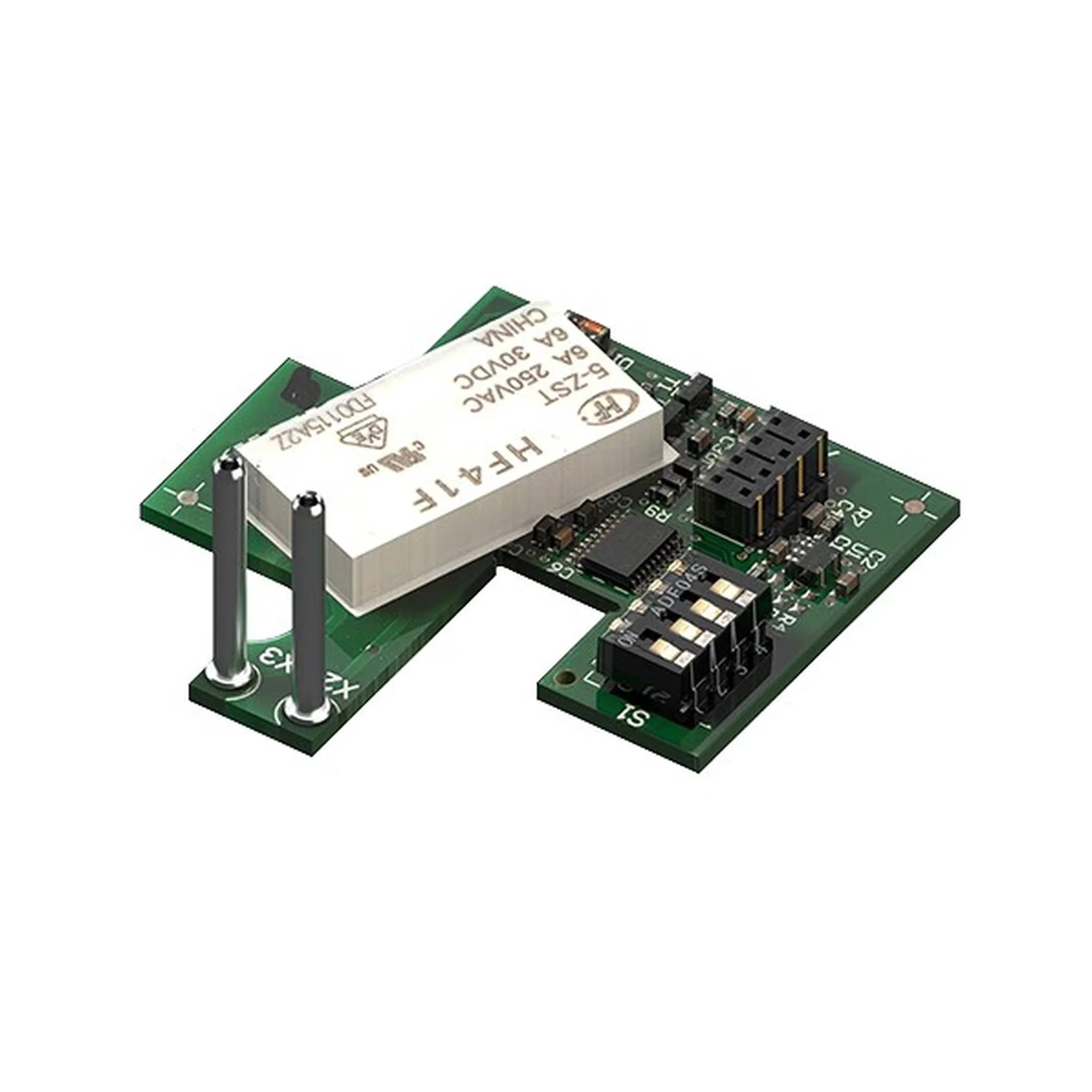 Grünes Leiterplattenmodul mit weißem HART-Relaiskomponente, Anschlüssen und elektronischen Bauteilen auf weißem Hintergrund.