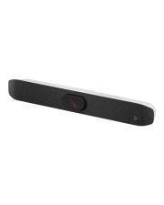 Schwarzer schlanker Soundbar-Lautsprecher mit einer zentralen Kontrolltaste, gezeigt auf weißem Hintergrund.