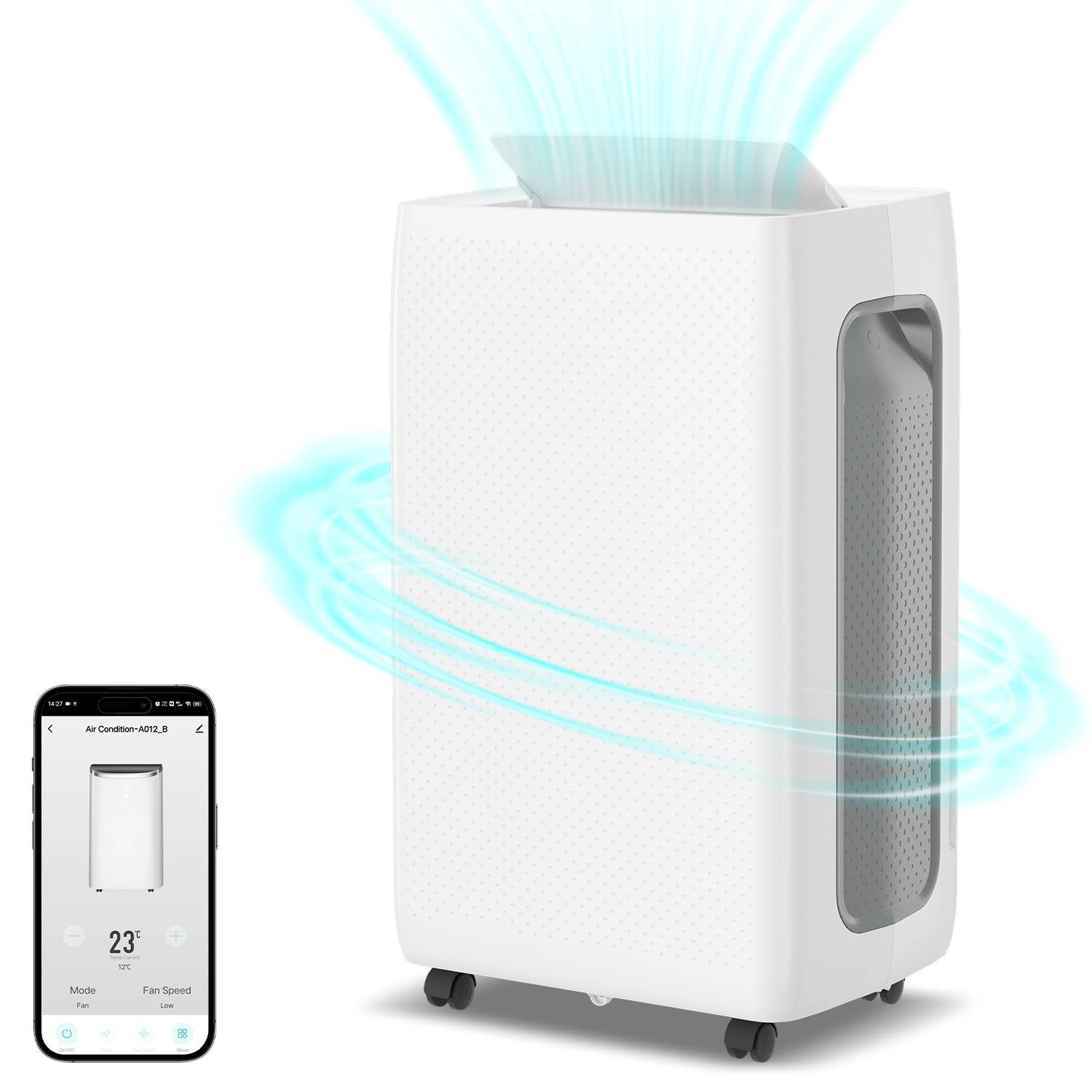 Tragbare Klimaanlage mit einer Smartphone-App, die die Temperatur auf 23°C einstellt und ferngesteuerte intelligente Steuerung anzeigt.