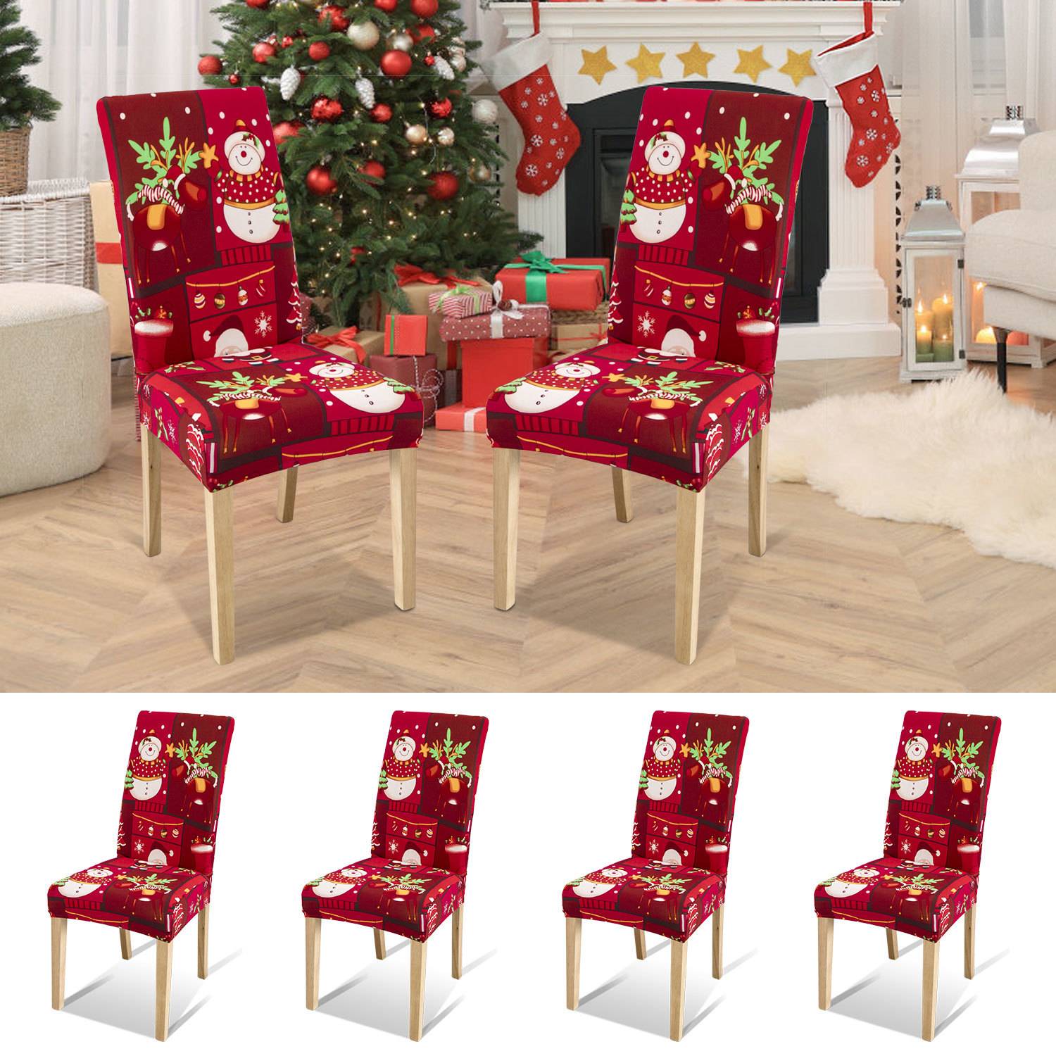 Zwei rote Esszimmerstühle mit Weihnachtsmuster in einem Wohnzimmer mit Weihnachtsdekoration, darunter vier kleinere Produktansichten auf weißem Hintergrund.