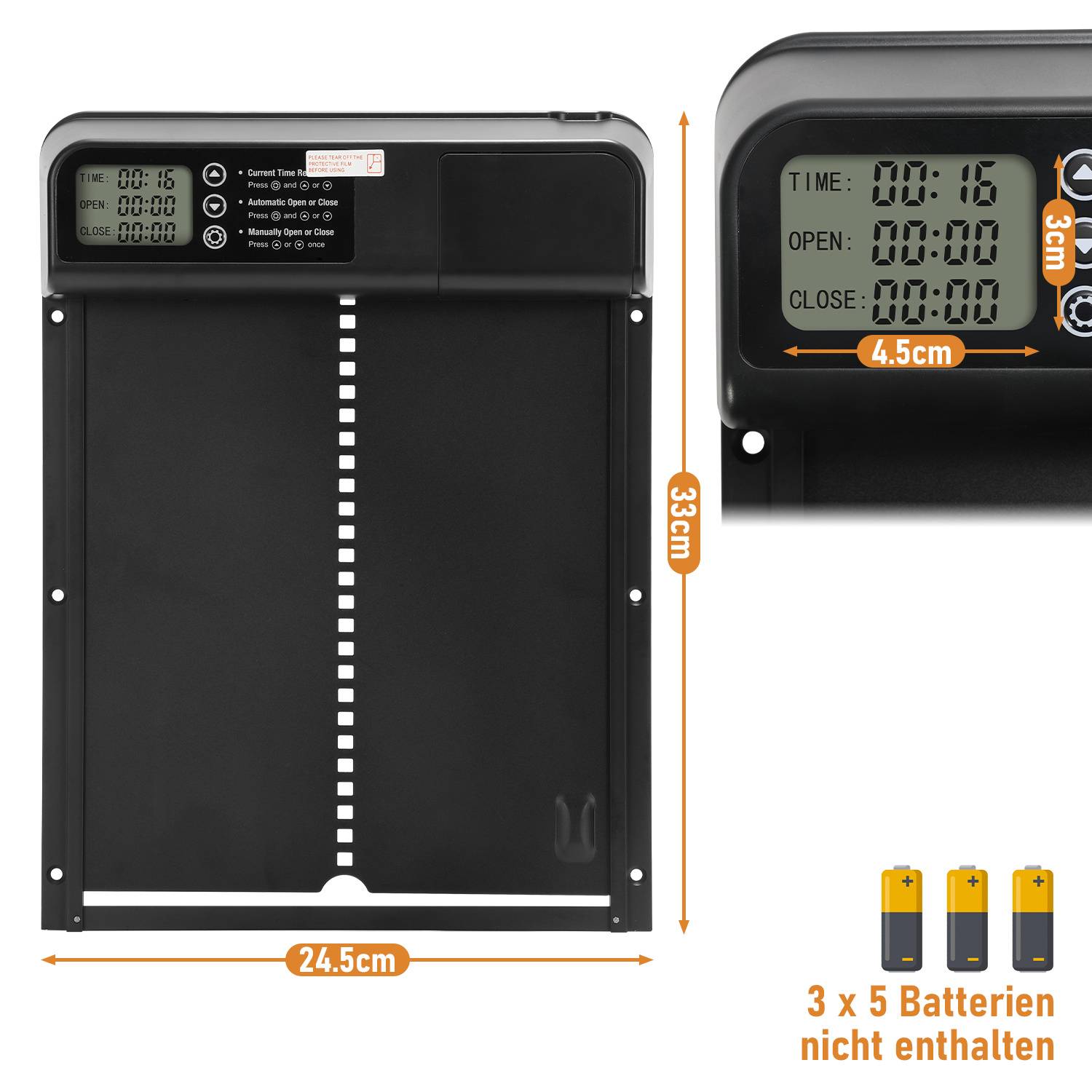 Automatische Hühnerstalltür mit Timer, LCD-Anzeige und Einklemmschutz, 3×AA Batteriebetrieb, Manuelle Hühnerklappe Schwarz