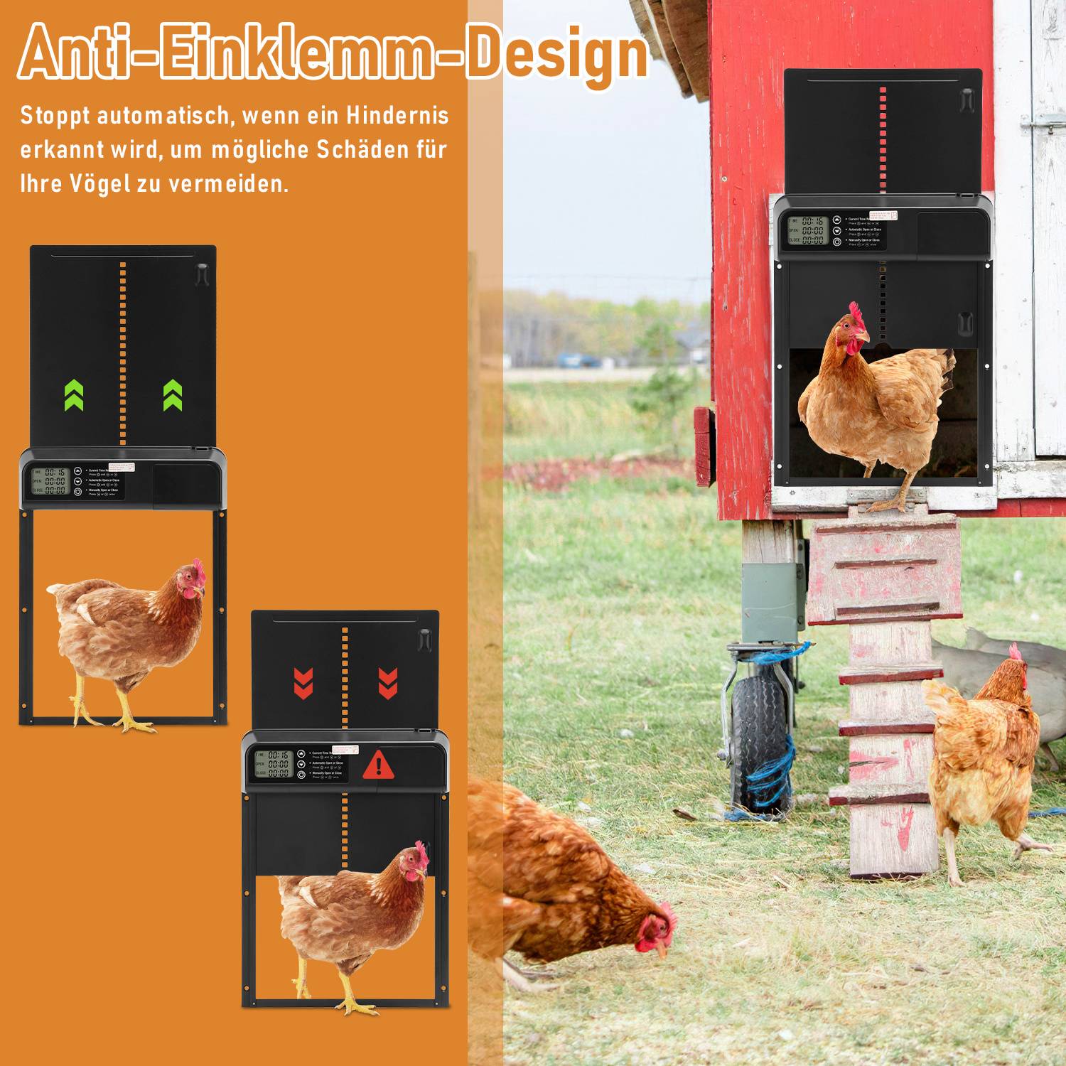 Automatische Hühnerstalltür mit Timer, LCD-Anzeige und Einklemmschutz, 3×AA Batteriebetrieb, Manuelle Hühnerklappe Schwarz
