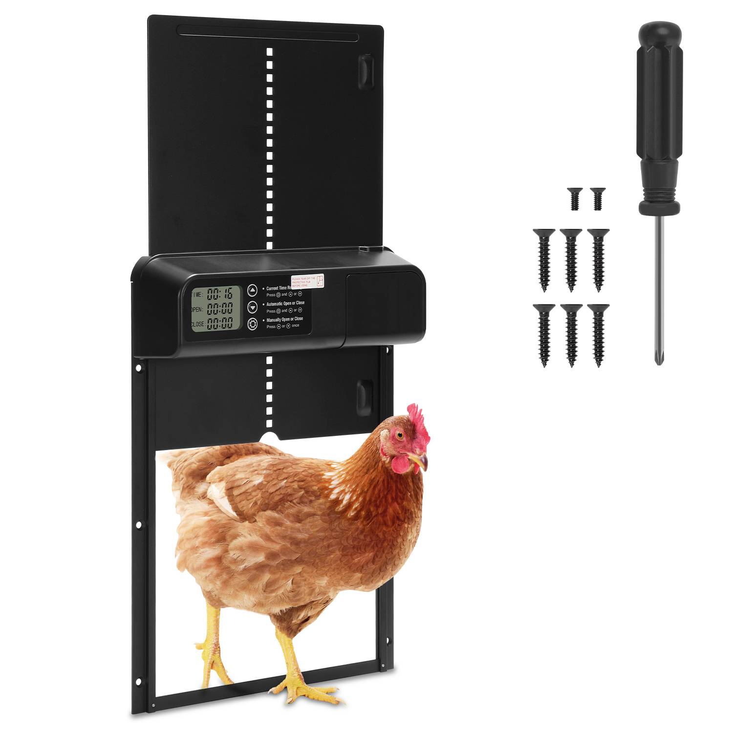Automatisches Hühnerstalltor-Set mit digitaler Steuerbox, Montageplatte, Schrauben und Schraubendreher; gezeigt mit einem Huhn, das durch die Öffnung geht.