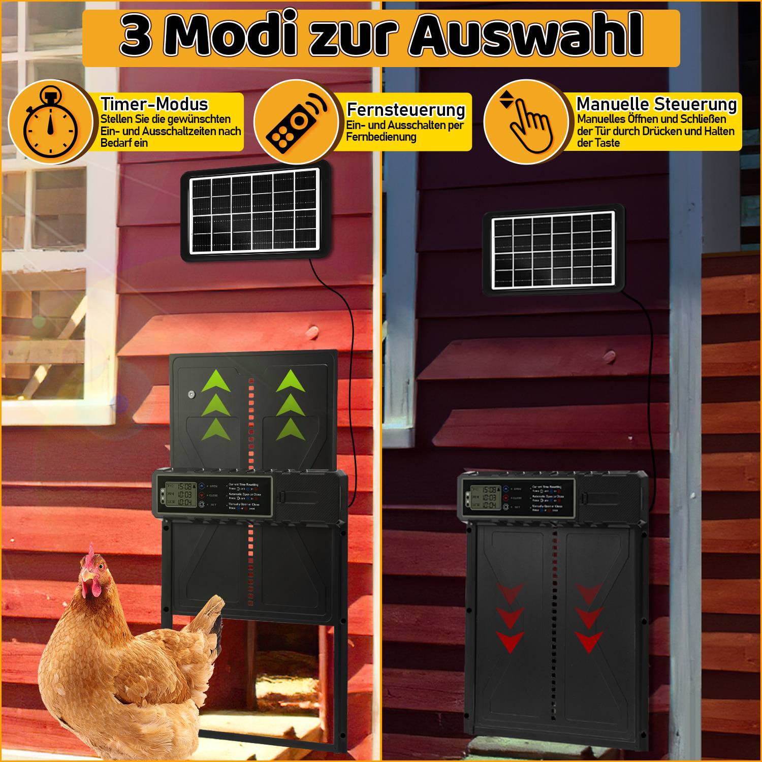 Solar Hühnerklappe Automatisch mit Timer &amp; Fernbedienung, 2000mAh Akku, LCD Display, Einklemmschutz, USB, Schwarz