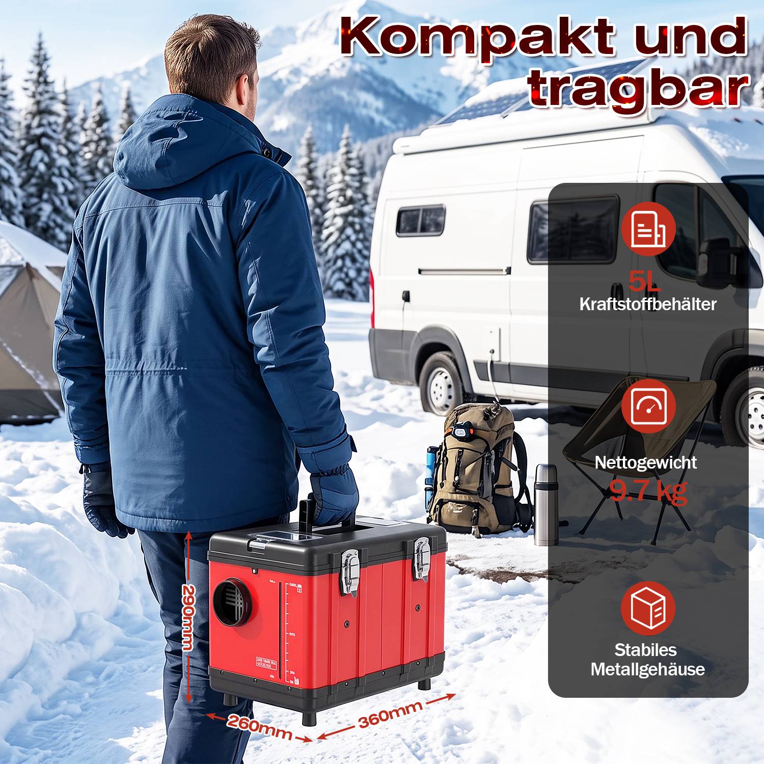 Diesel Standheizung Toolbox 12V/24V 230V mit Bluetooth App, CO-Alarm, 5L Tank, mobile Luftheizung für Camper Wohnmobil Garage Rot