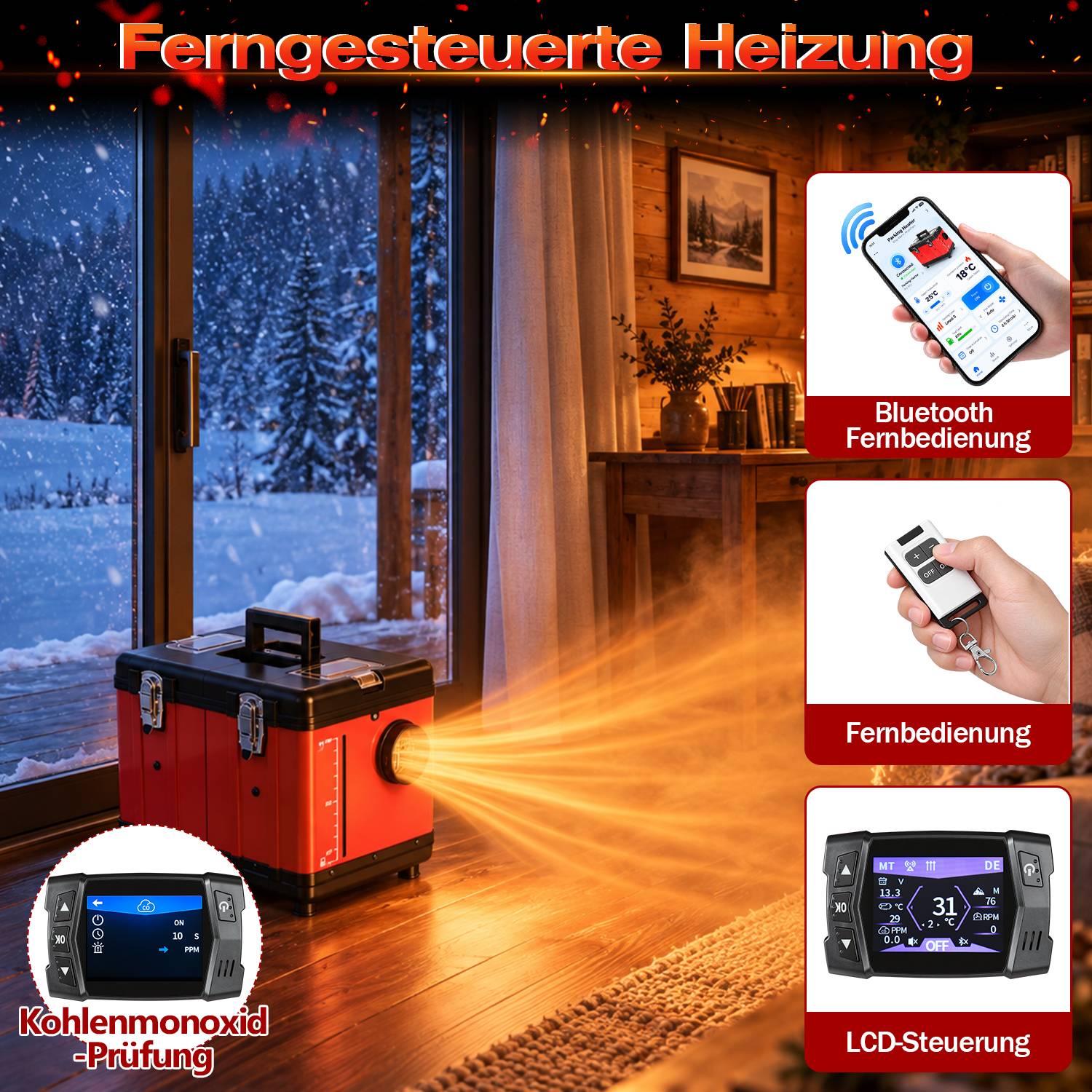 Diesel Standheizung Toolbox 12V/24V 230V mit Bluetooth App, CO-Alarm, 5L Tank, mobile Luftheizung für Camper Wohnmobil Garage Rot