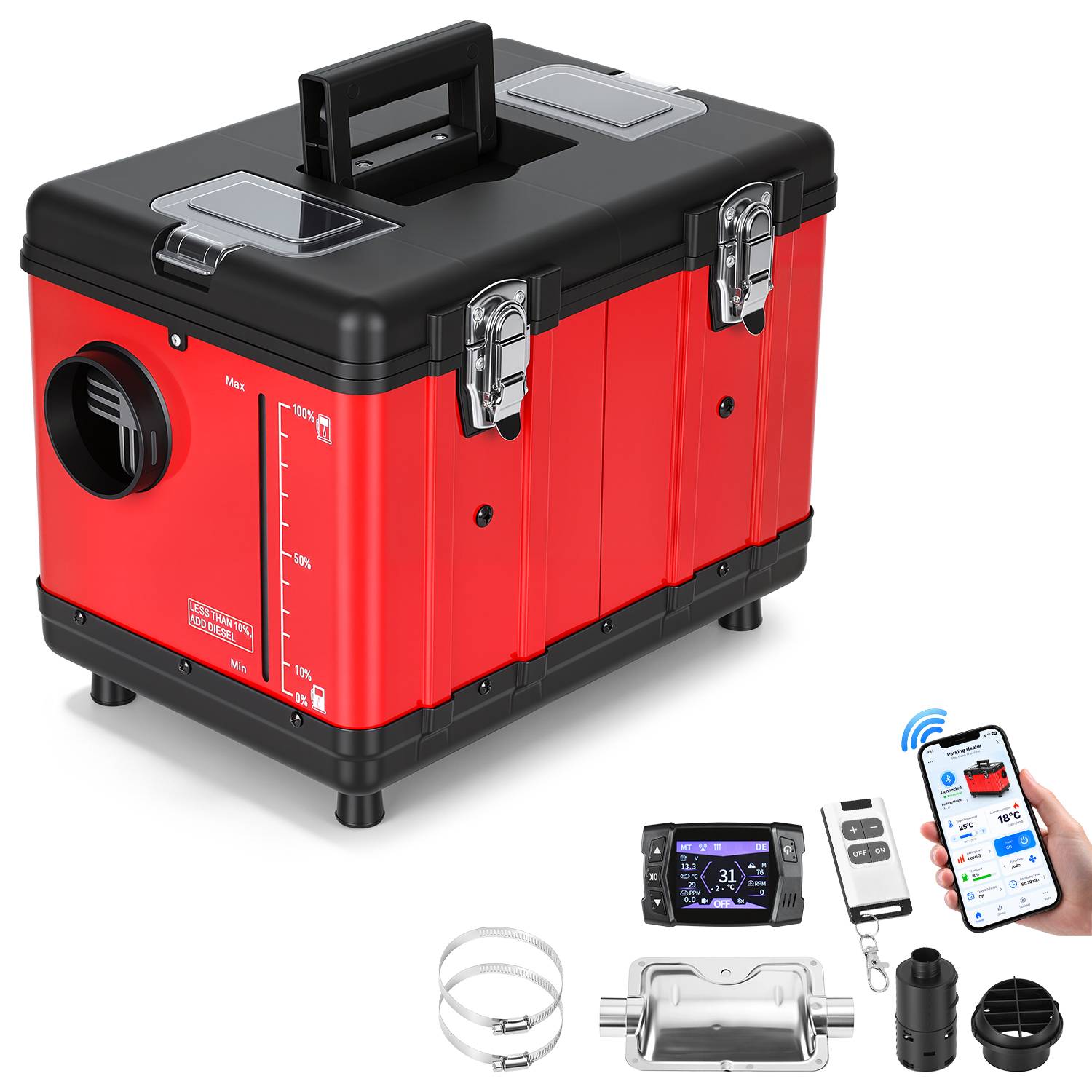Tragbarer rot-schwarzer Dieselheizer mit Griffgriff oben und Verschlüssen, abgebildet mit Fernbedienung, Smartphone-App-Steuerung, Rohrbauteilen und Schlauchschellen.