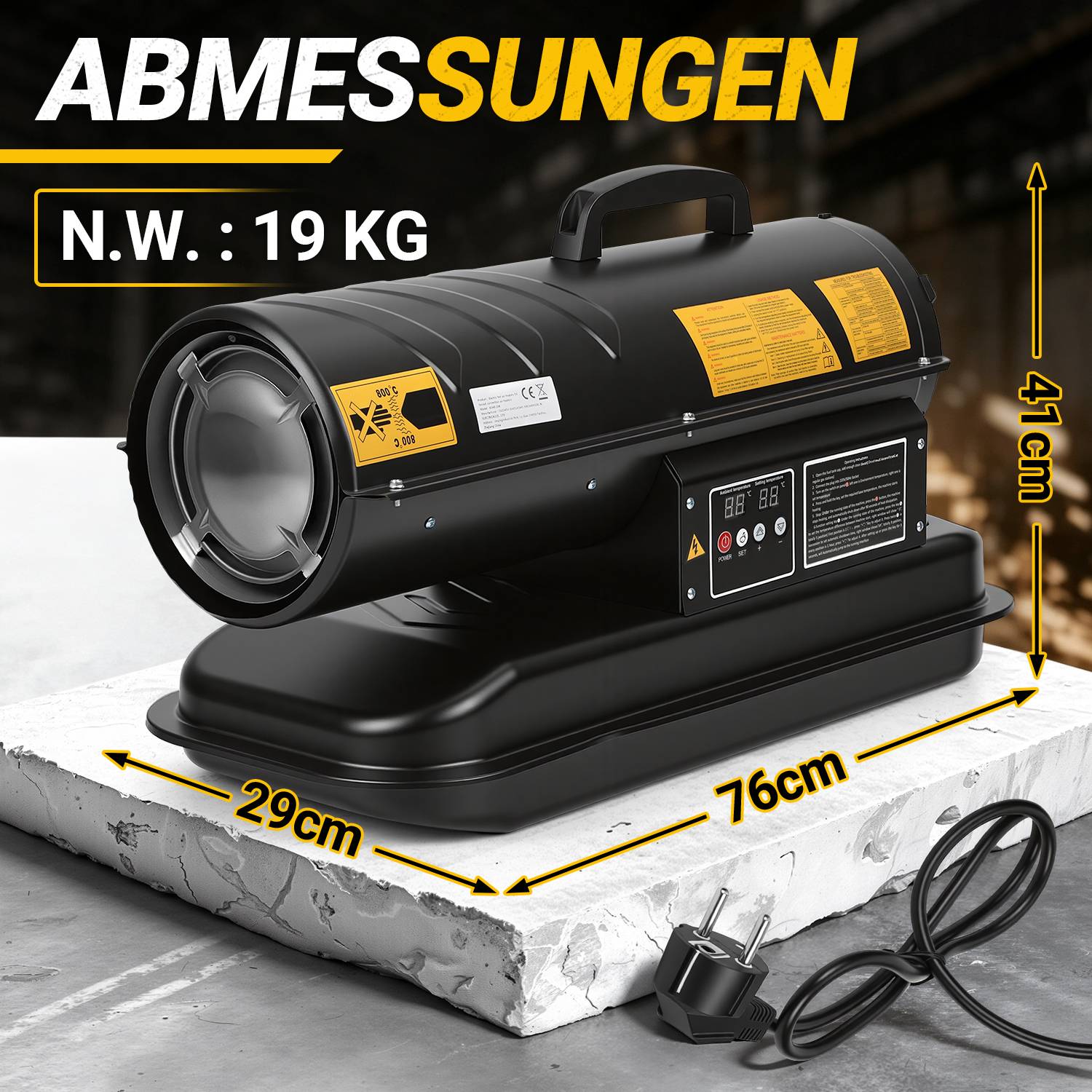 Produktbild eines schwarzen tragbaren Industrieheizkörpers mit der Bezeichnung „ABMESSUNGEN", der Abmessungen von 76 cm Länge, 29 cm Breite, 41 cm Höhe und einem Nettogewicht von 19 kg zeigt.