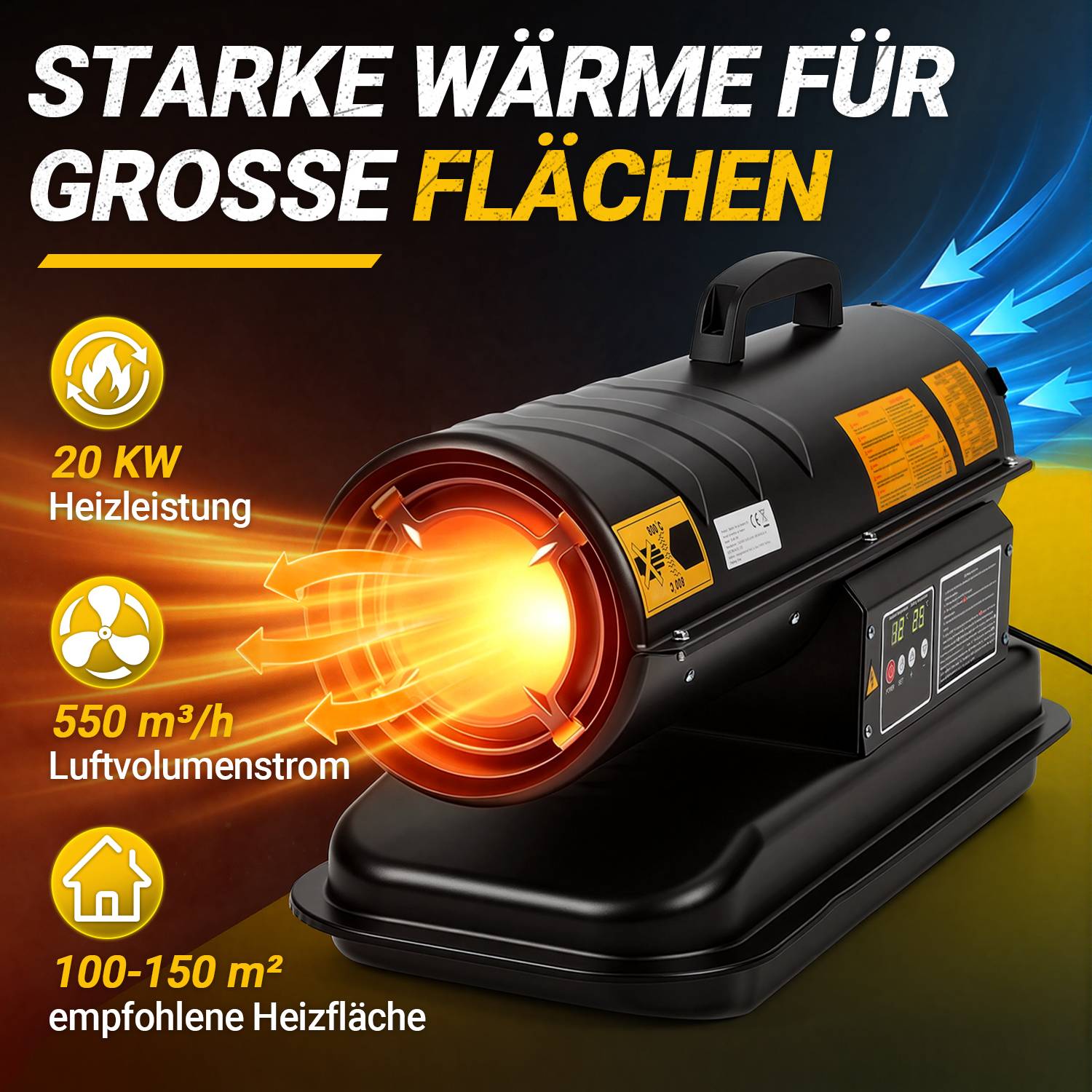 Starke Wärme für grosse Flächen, 20 kW Heizleistung, 550 m3/h Luftdurchsatz, empfohlener Bereich 100–150 m2.