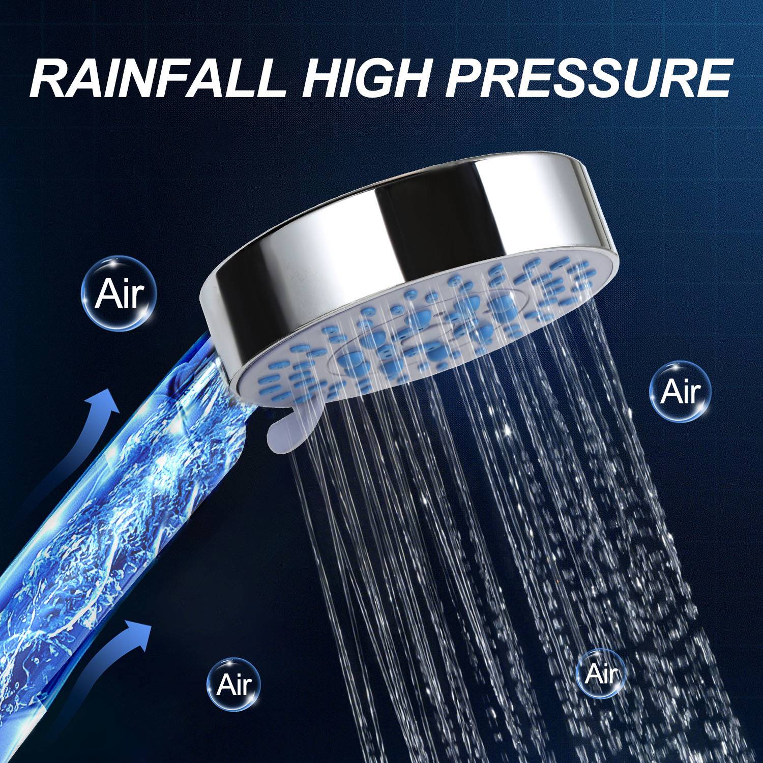 Illustration eines "Rainfall High Pressure""-Duschkopfs, der Wasser sprüht, mit Pfeilen und ""Luft""-Beschriftungen, die die Luftströmung durch den Duschkopf zeigen.