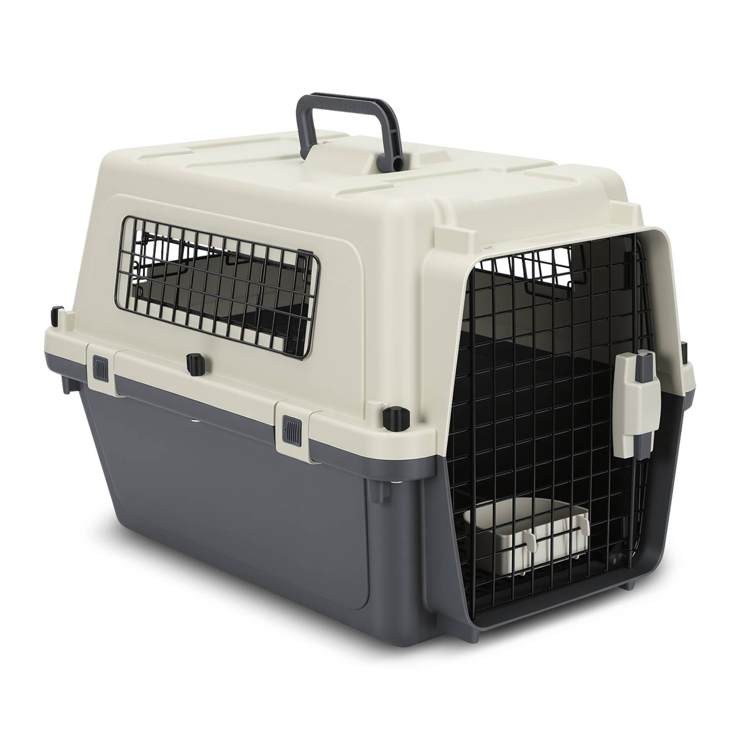 Kunststoff-Tiertransportbox mit Tragegriff oben und vorderer Gittertür, beige und dunkelgrau, zum Transport eines kleinen Tieres.