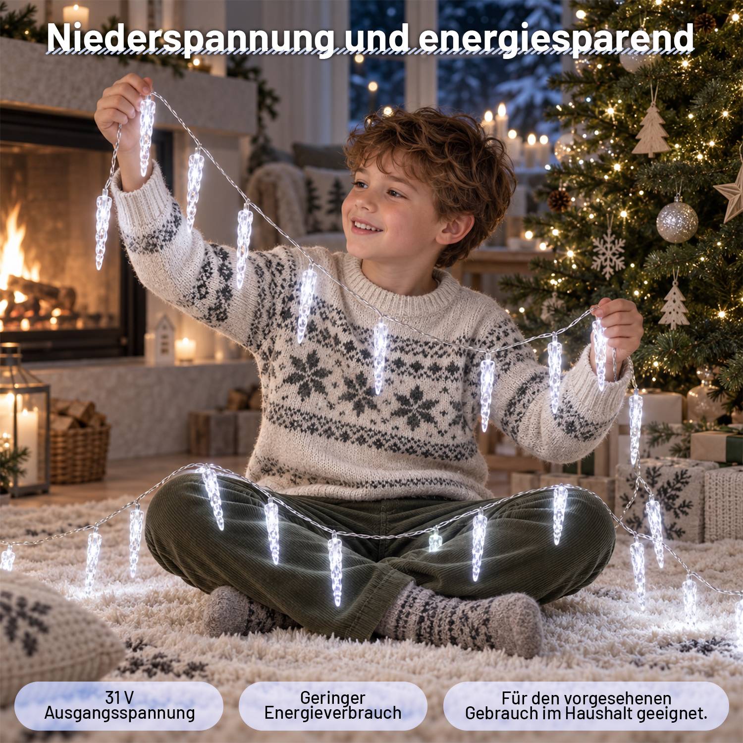 Junge in einem gemütlichen Wohnzimmer hält eine Schnur weißer LED-Leuchten neben einem Weihnachtsbaum; deutscher Text hebt niedrige Spannung, niedrigen Energieverbrauch und bestimmungsgemäße Verwendung hervor.