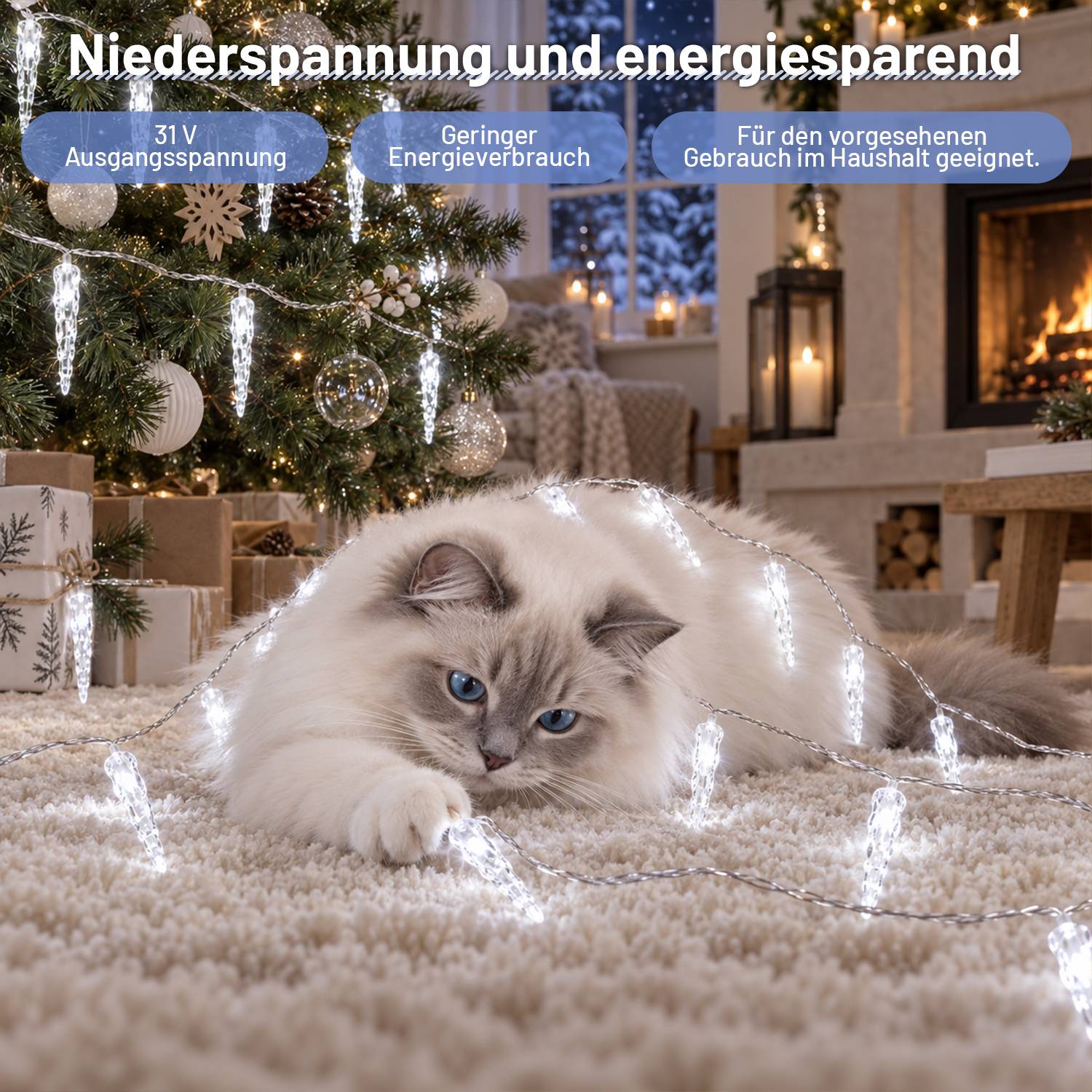 80 LED Lichtervorhang Eiszapfen Lichterkette 8 Lichtmodi für Innen Weihnachten Fenster Deko, Kaltweiß
