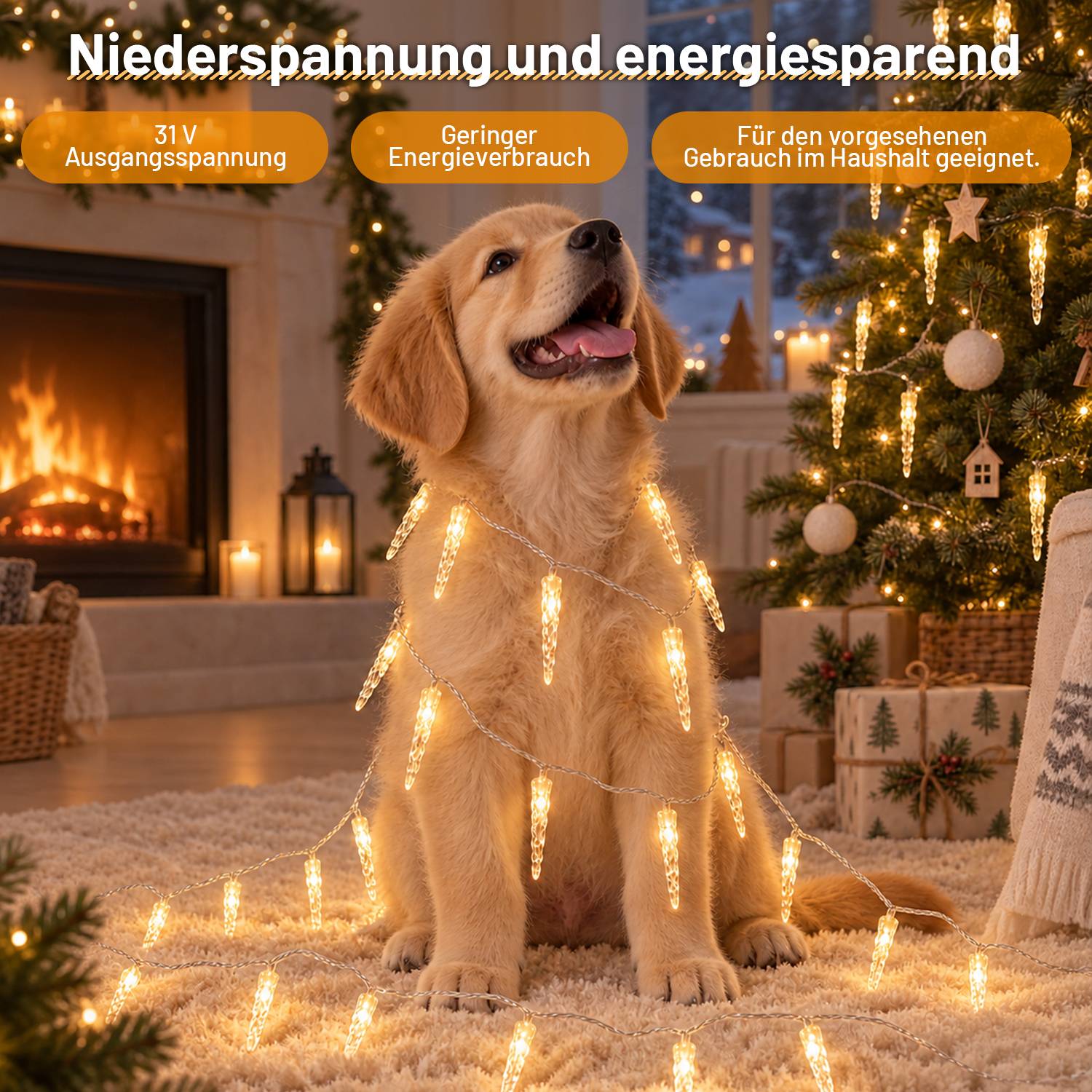 Ein Golden Retriever trägt warme weiße Lichterketten in Innenräumen neben einem Weihnachtsbaum, mit deutschem Text, der die Niederspannungs-, energiesparende Verwendung für den Haushalt bewirbt.
