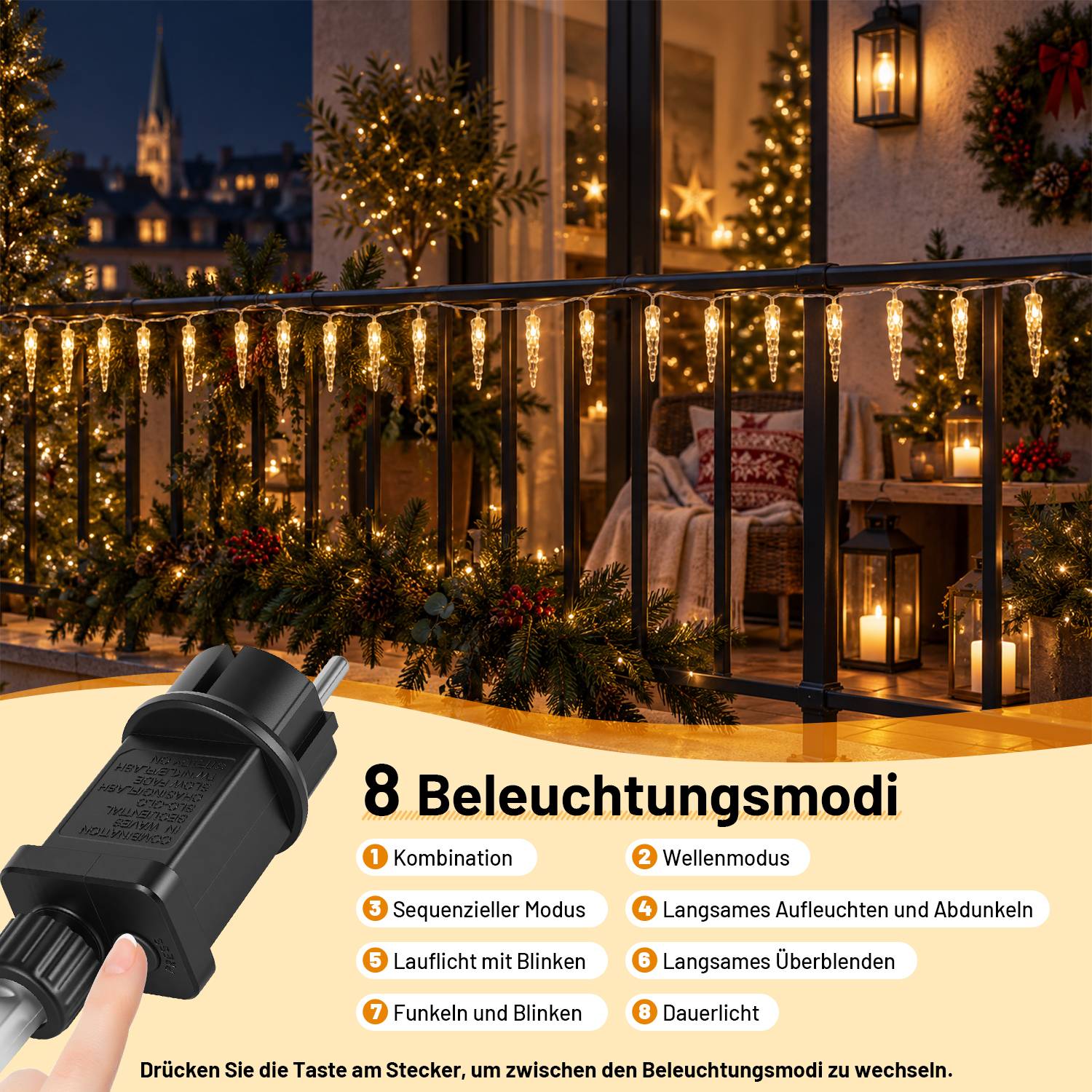 Außenleuchten für den Urlaub auf dem Balkon mit Steckerregler; Text besagt „8 Beleuchtungsmodi" und weist an, die Taste zu drücken, um die Modi zu wechseln.