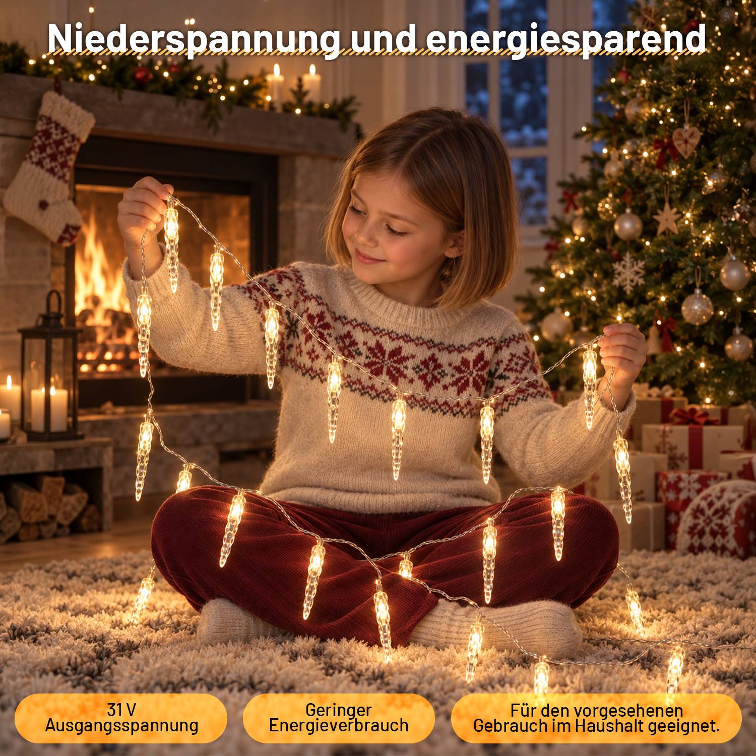 Mädchen in einem gemütlichen Weihnachtszimmer hält warme weiße Eiszapfen-Lichterketten; deutscher Text sagt „Niederspannung und energiesparend" und hebt 31V, niedriger Energieverbrauch und Innenverwendung hervor.