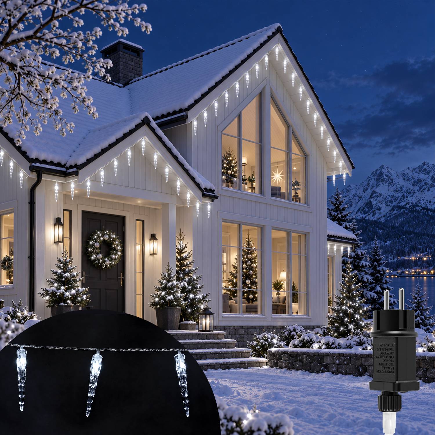 Schneebedecktes Haus, das mit Weihnachtslichtern und Kränzen in der Dämmerung dekoriert ist, mit beleuchteten Bäumen im Inneren; ein schwarzer Außen-Steckeruhrentzündeter Timer ist im Vordergrund sichtbar.