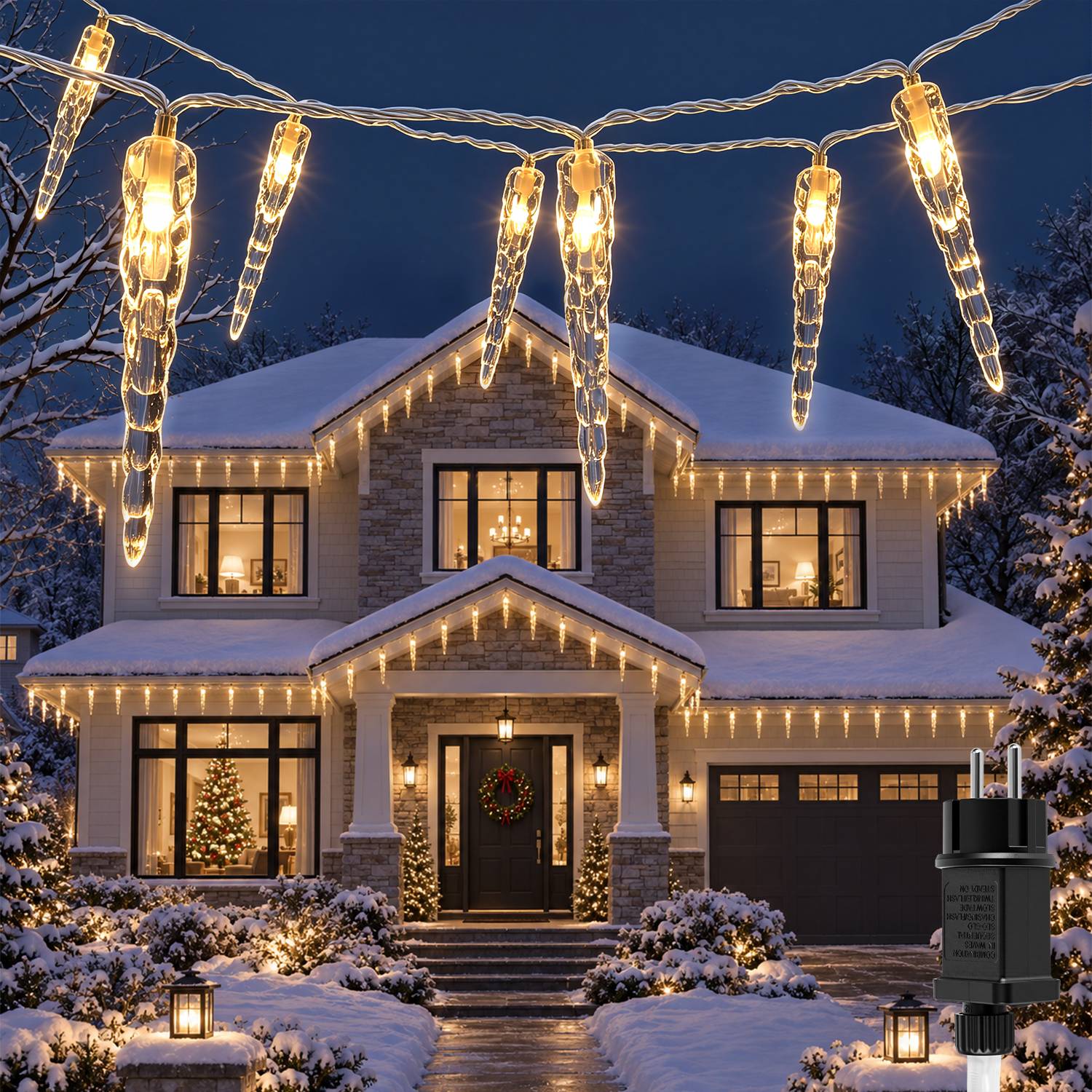 Mit Schnee bedecktes zweistöckiges Haus, das mit warmen Weihnachtslichtern, Eiszapfenlichterketten und einem beleuchteten Kranz dekoriert ist, mit Laternen, die den verschneiten Gehweg in der Dämmerung säumen.