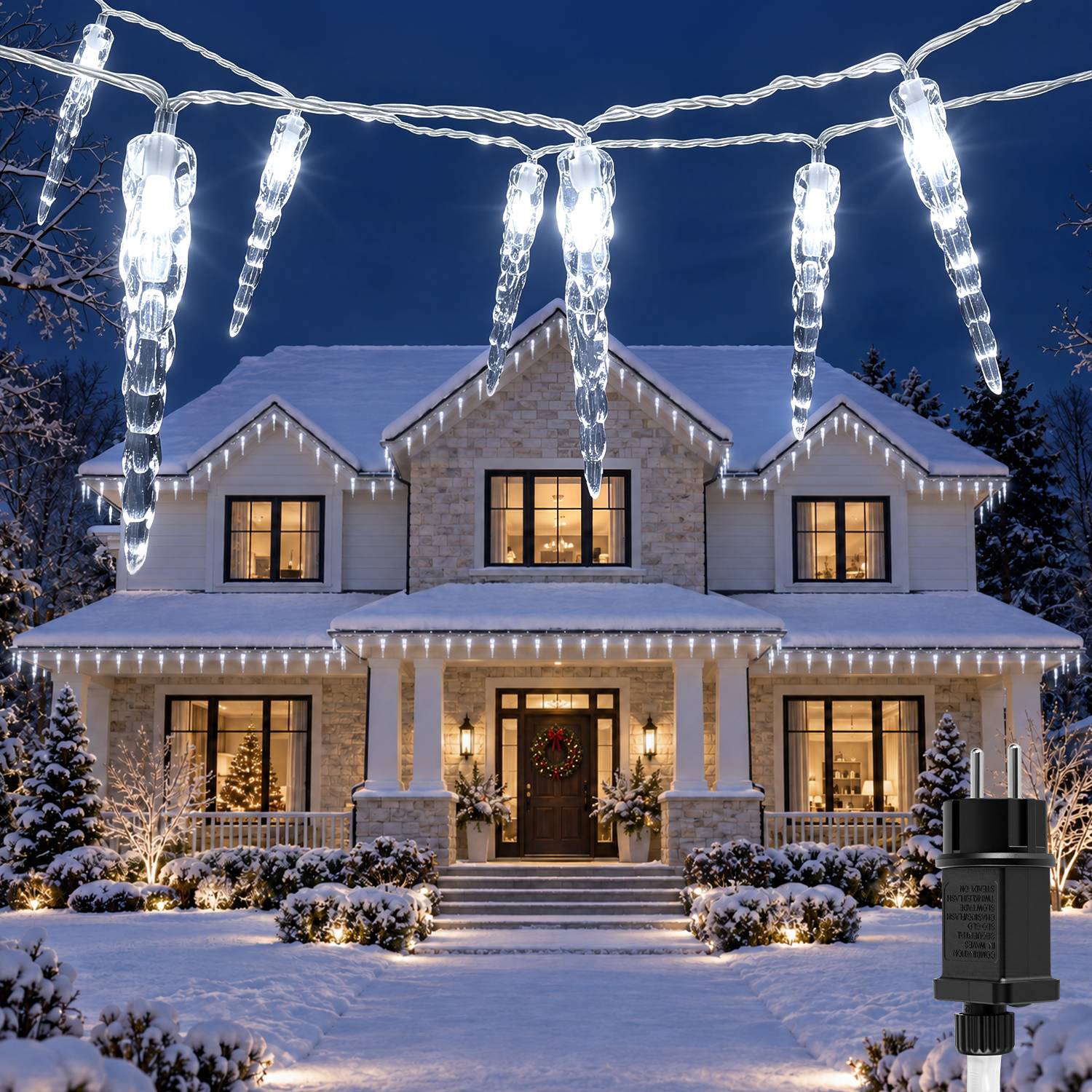 Schneebedecktes Haus in der Nacht mit Weihnachtsbeleuchtung und eiszapfenförmigen Lichterketten dekoriert, mit leuchtender Haustür und beleuchteten Fenstern.