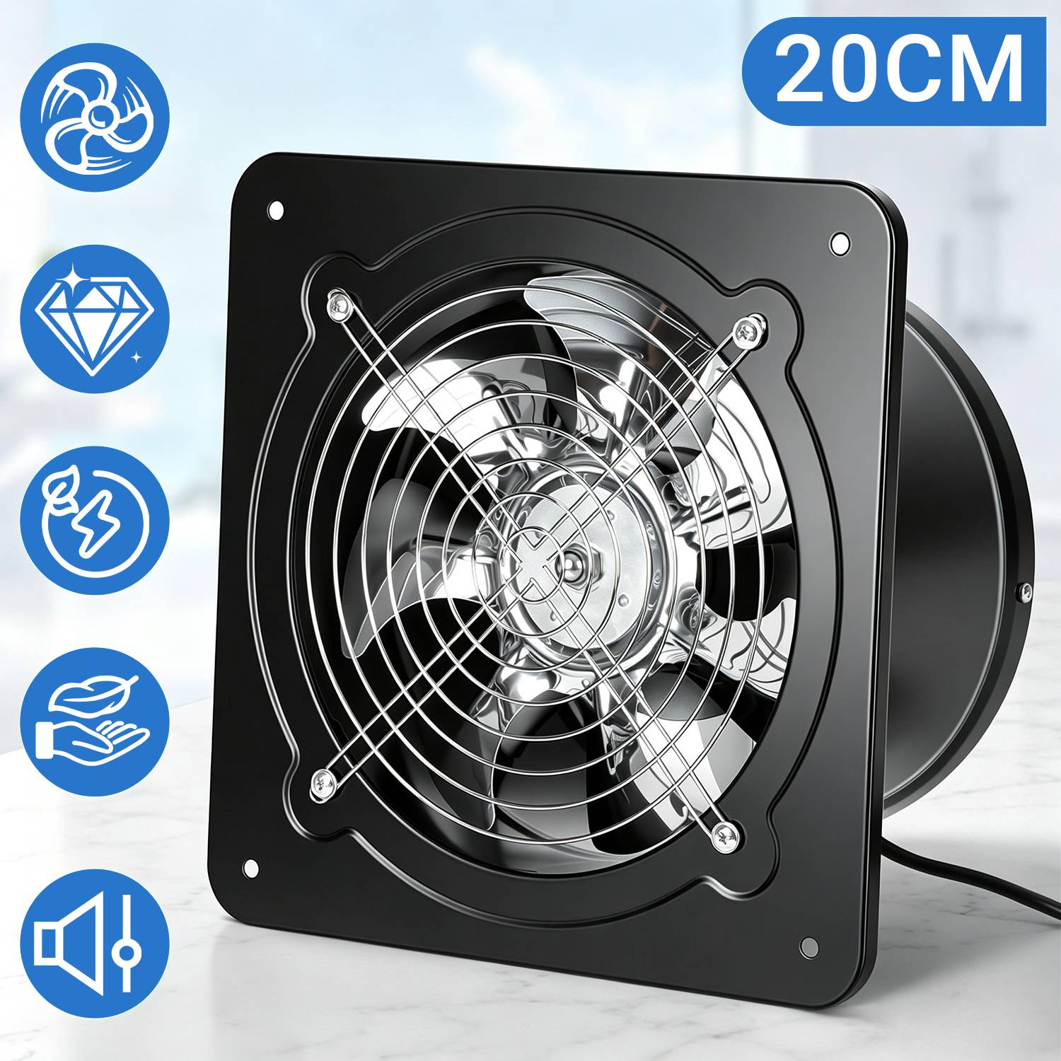 Schwarzer 20 cm Quadrat-Ventilator mit Metallgitter, dargestellt mit Symbolen, die Stromversorgung, Effizienz, leisen Betrieb und Geschwindigkeitsregelung hervorheben.