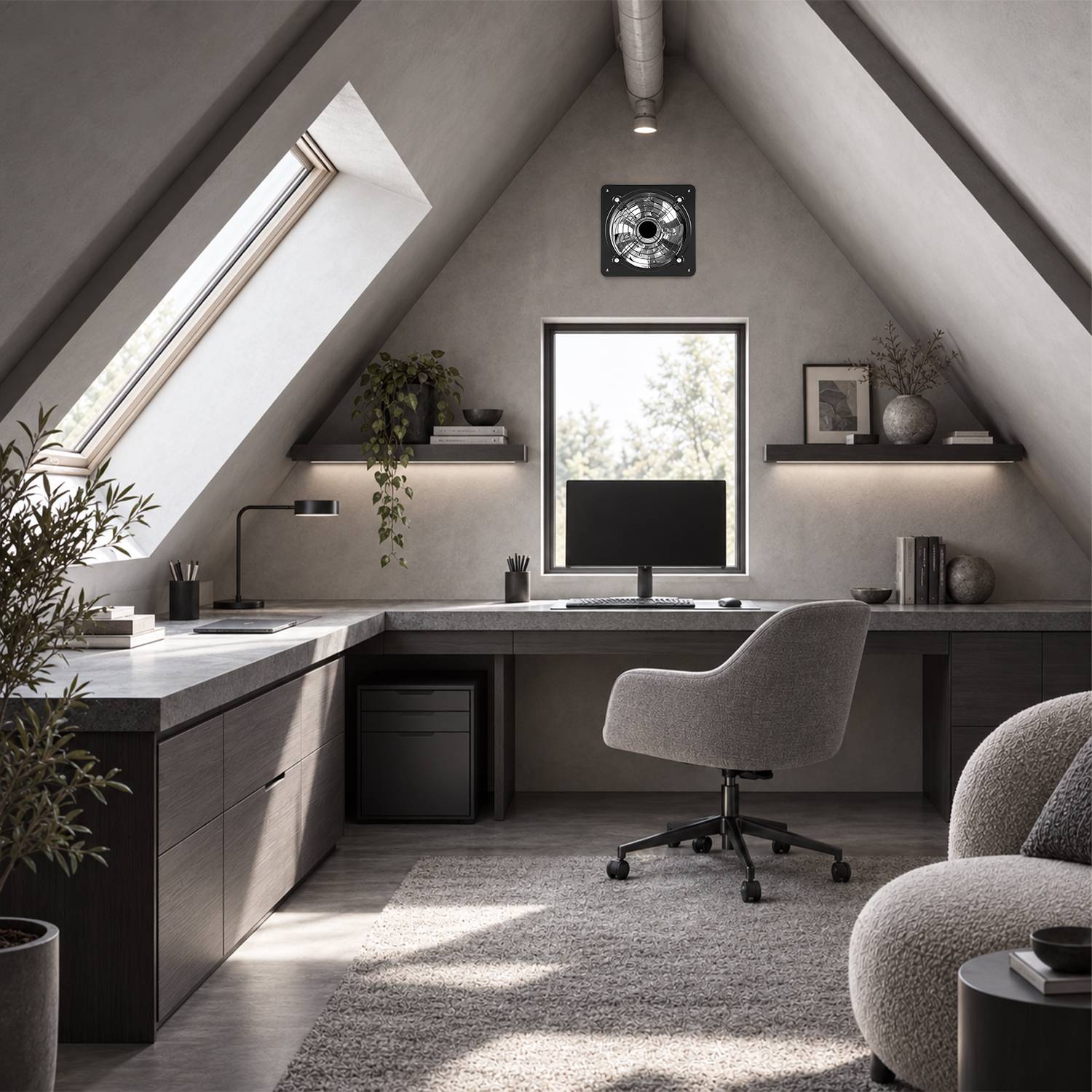Modernes Dachbodenbüro mit schräger Decke, Schreibtisch, Computermonitor und grauem Stuhl in einem minimalistischen Arbeitsplatz mit Dachfenster und Regalen.