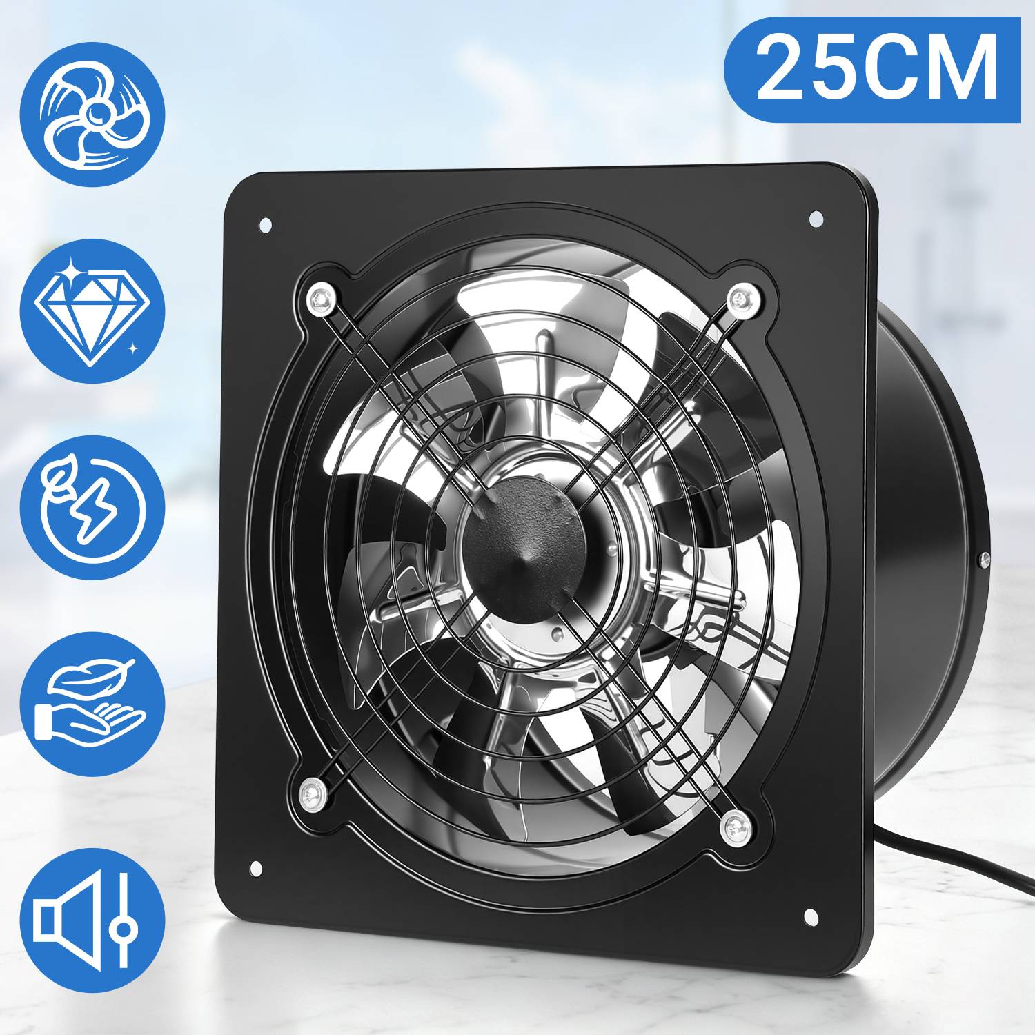 Schwarzer 25cm quadratischer Ventilator mit Metallgitter und Stromkabel, dargestellt als Produktbild mit Funktionssymbolen an der Seite.
