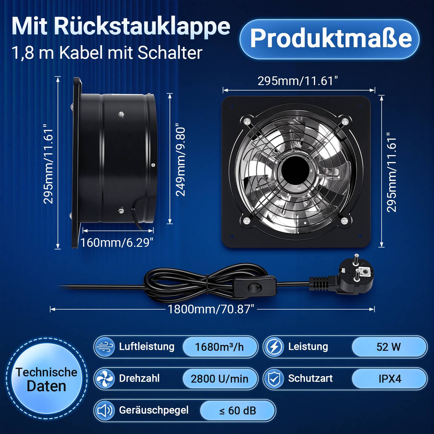 Badlüfter Metall Schwarz für Ø250 mm Einbauöffnung mit Rückstauklappe