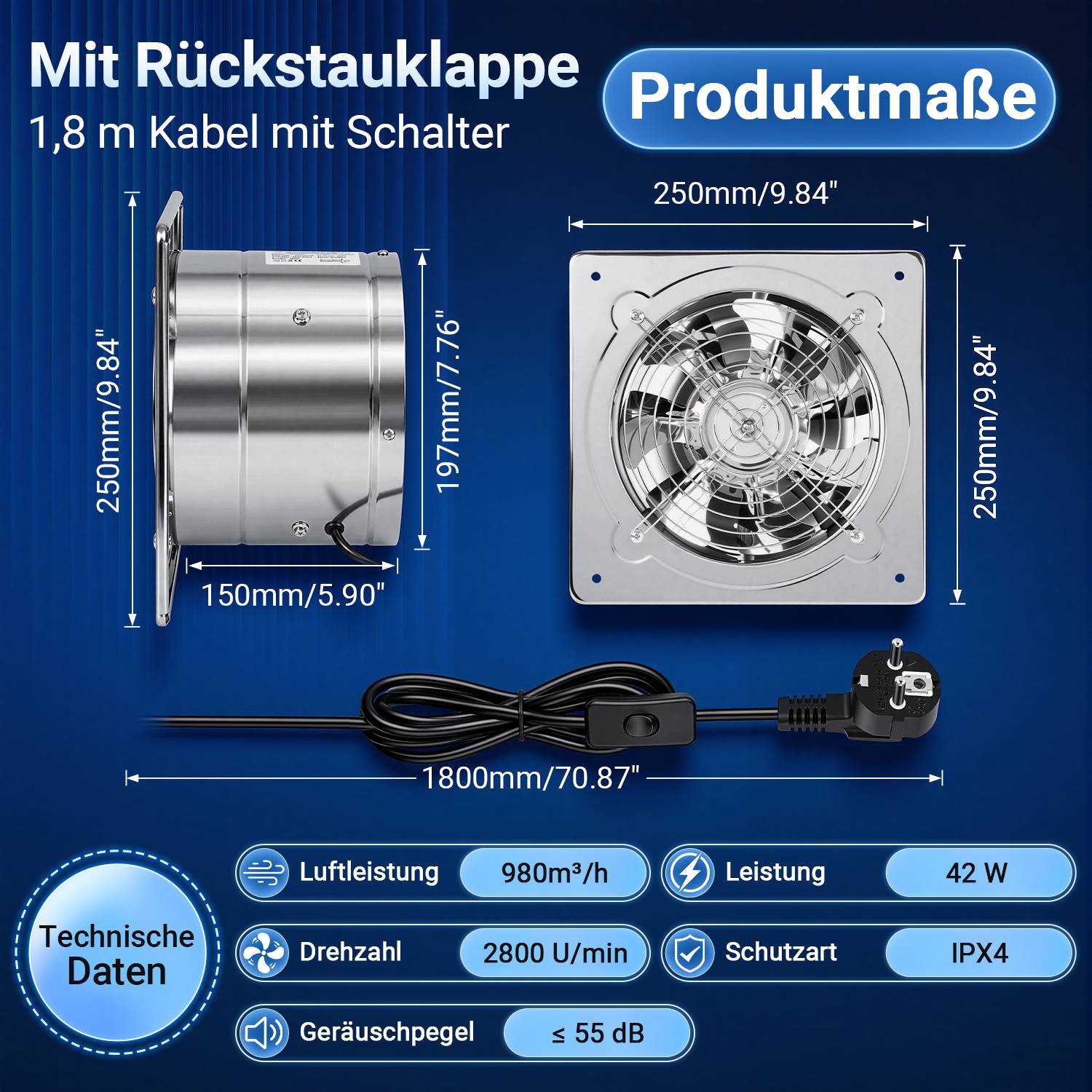 Badlüfter Edelstahl Silber für Ø200 mm Einbauöffnung mit Rückstauklappe