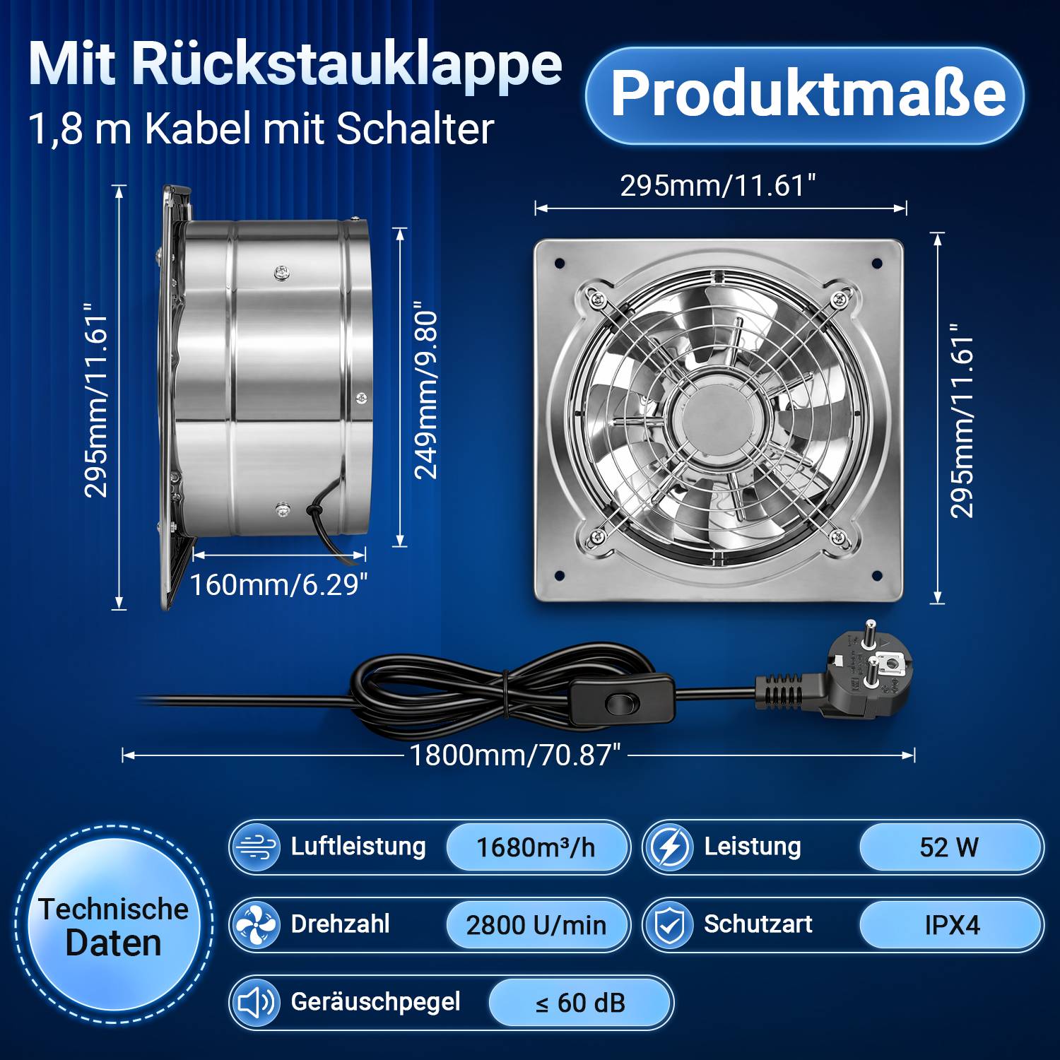 Produktabmessungen und technische Daten für einen quadratischen Lüftungsventilator mit Rückstauklppe und 1,8 m Kabel; 295 mm Größe, 1680 m³/h Luftvolumenstrom, 52 W, IPX4, 2800 U/min, ≤60 dB.
