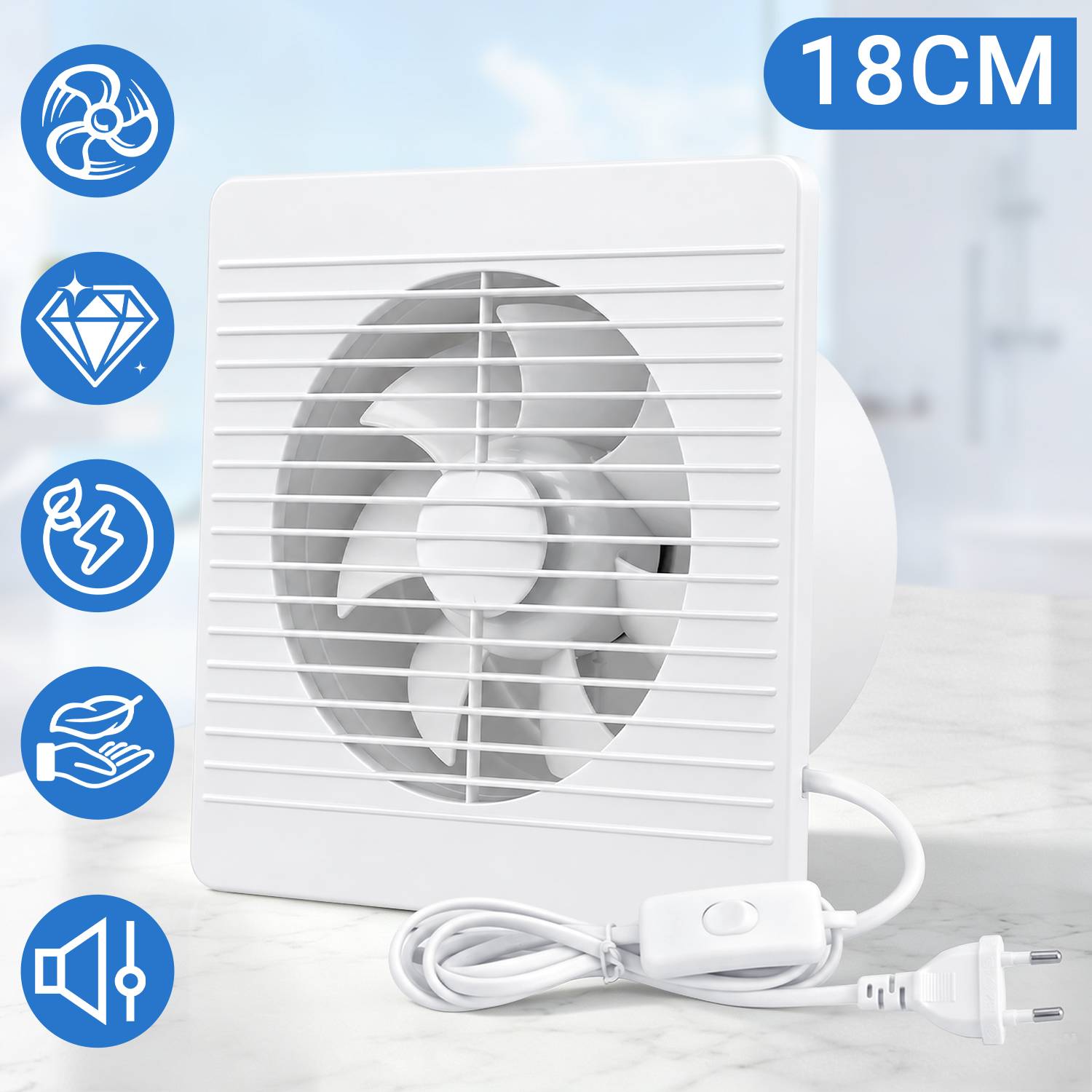 Weißer 18 cm quadratischer Abluftventilator mit Stromkabel und Inline-Schalter, dargestellt mit Icon-Legenden für Belüftung, leisem Betrieb und Energieeffizienz.
