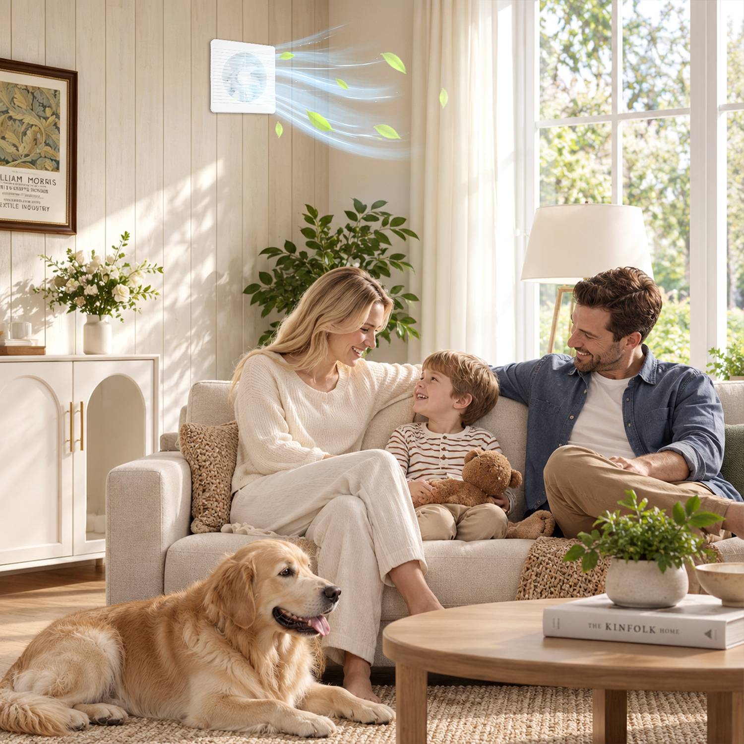 Eine Familie entspannt sich auf einem Sofa mit einem Kind und einem Hund in einem hellen Wohnzimmer; die Luftströmung eines Luftreinigers ist über ihnen sichtbar.