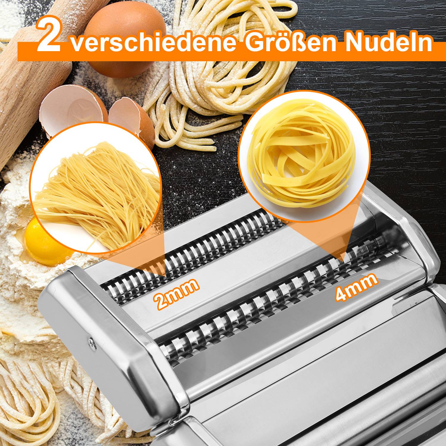 Nudelmaschine Manuell aus 304 Edelstahl, 9 Teigdicken, 2/4 mm Schneidwalzen mit Tischklemme