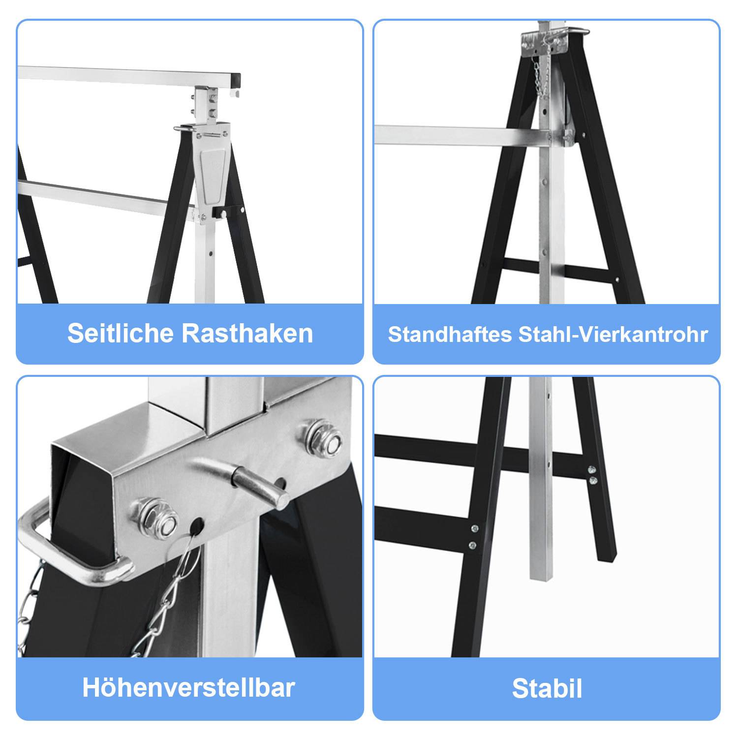 Vierteiliges Produktbild eines Metallständers mit seitlichen Sicherungshaken, robustem Stahlvierkantrohrbahn, Höhenverstellung und stabilem Standfuß.