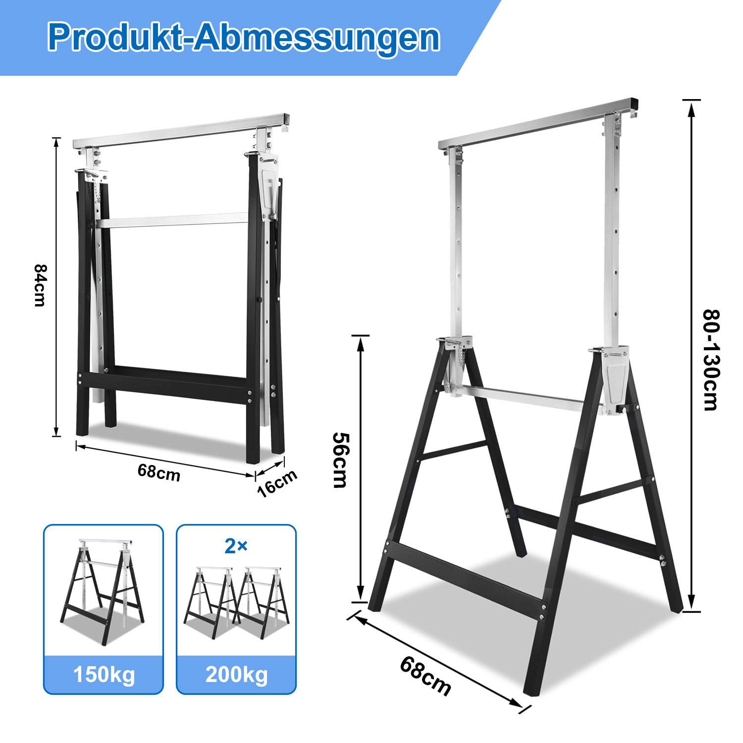 2er Set Arbeitsbock höhenverstellbar 80–130 cm, Stahl Klappbock, gesamt 400 kg Tragkraft Schwarz
