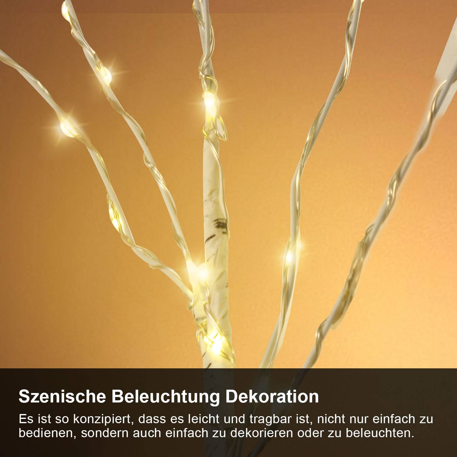 Dekorative Lichterketten um einen weißen Ast gewickelt auf warmem beigem Hintergrund, mit deutschem Text: 'Szenische Beleuchtung Dekoration'.