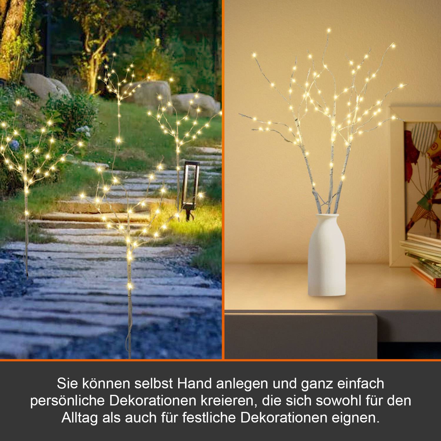 Geteiltes Bild mit dekorativen LED-Zweigleuchten im Freien entlang eines Weges und innen in einer weißen Vase auf einer Tischplatte, das vielseitige Heimdekoration demonstriert.