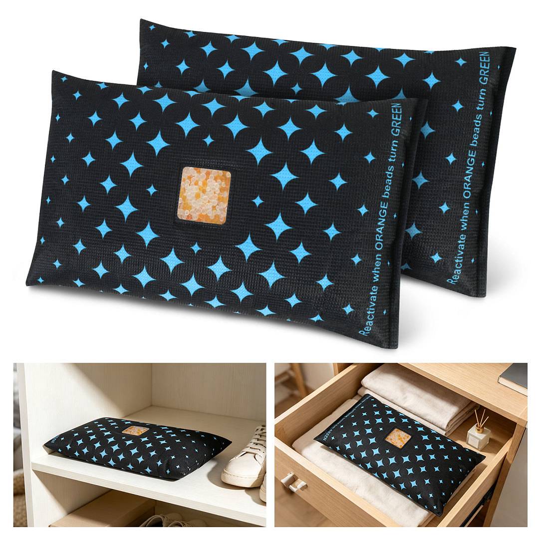 Schwarzes Kissen mit blauem Sternmuster und einem Farbwechsel-Patch, der reagiert, wenn orangefarbene Perlen grün werden; gezeigt auf einem Regal und in einer Schublade.