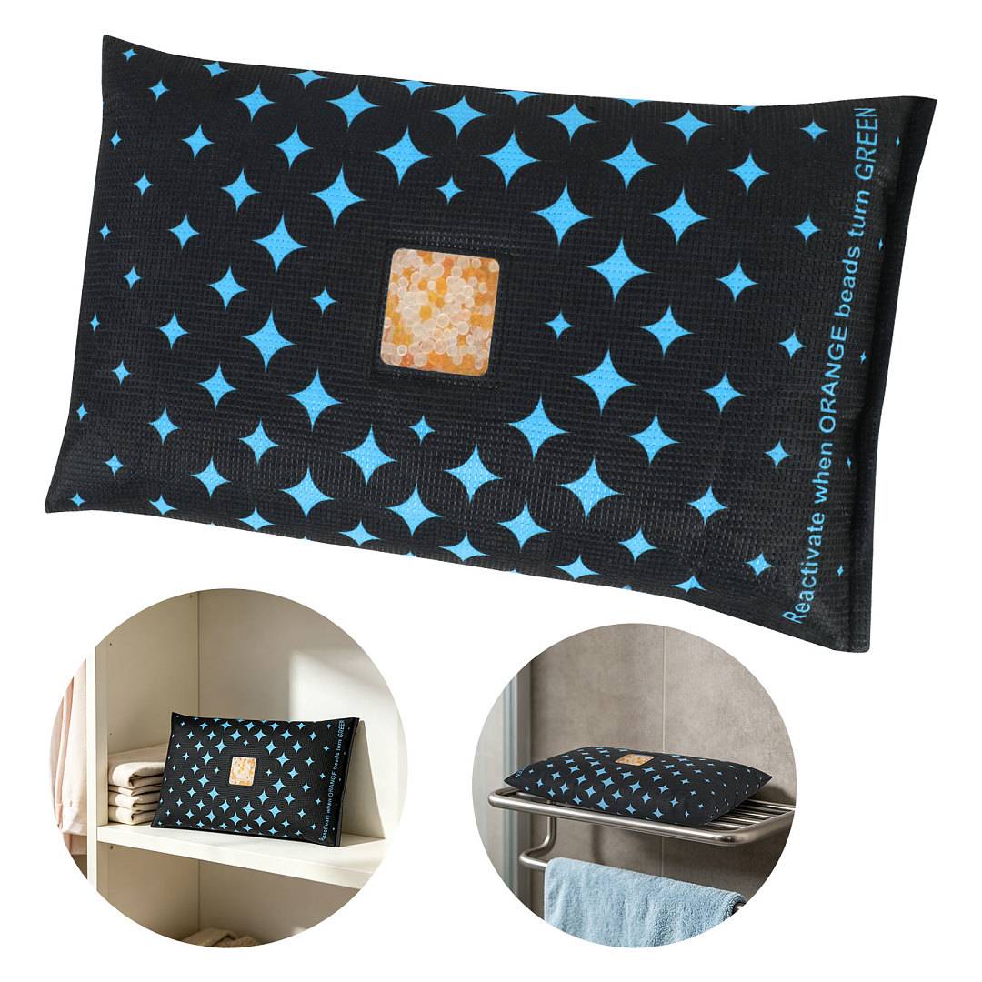 Schwarze rechteckige Stofftasche mit blauem Sternmuster und orangefarbenem Perlenfeld; Text sagt „Reaktivieren, wenn ORANGE-Perlen GRÜN werden