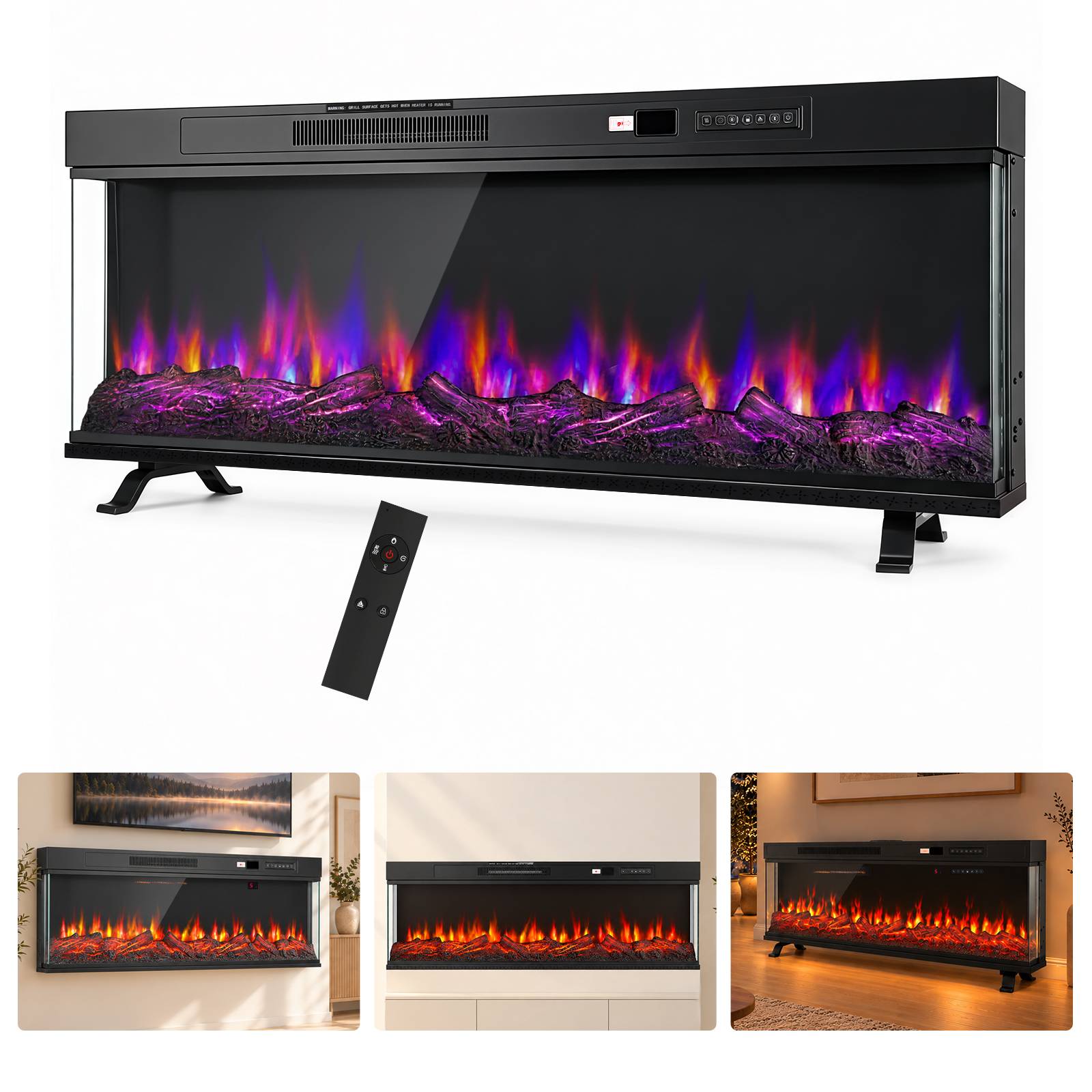 Schwarzer elektrischer Kamineinsatz mit lila und orangefarbener Flammeneffekt, gezeigt mit Fernbedienung und drei Installationsbeispielen: an der Wand montiert und freistehend.