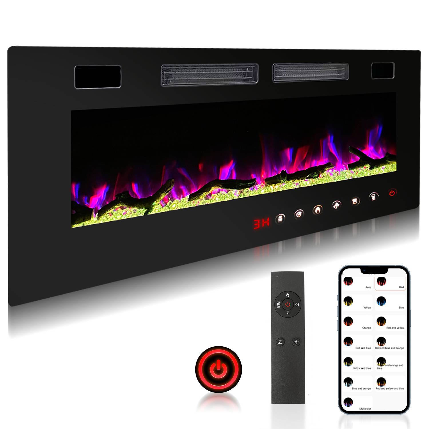 Schwarzer wandmontierter elektrischer Kamin mit violetter Flammenanzeige, LED-Steuerungen, Fernbedienung, Smartphone-App und Stromschalter.