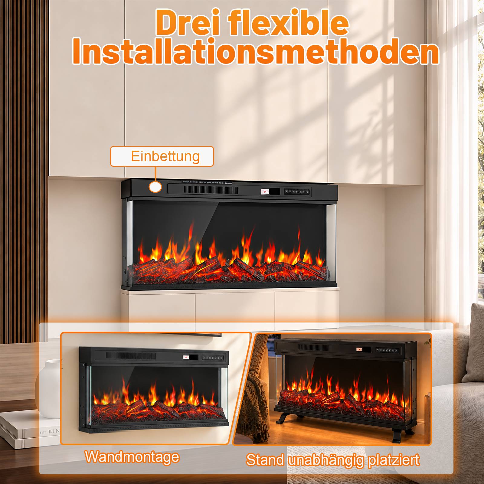 3-seitiger Elektrokamin 900/1800 W mit App und Fernbedienung