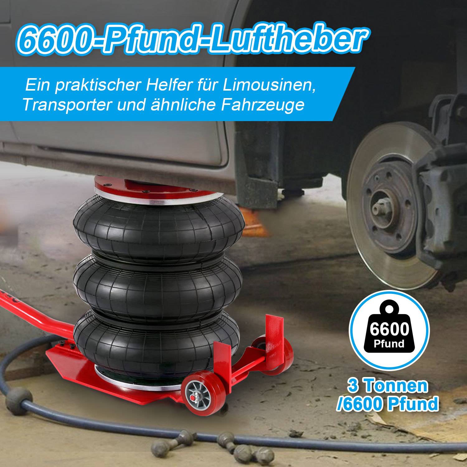 Druckluft-Wagenheber 3 t, Dreifach-Luftbalg, 15-40 cm, Langgriff