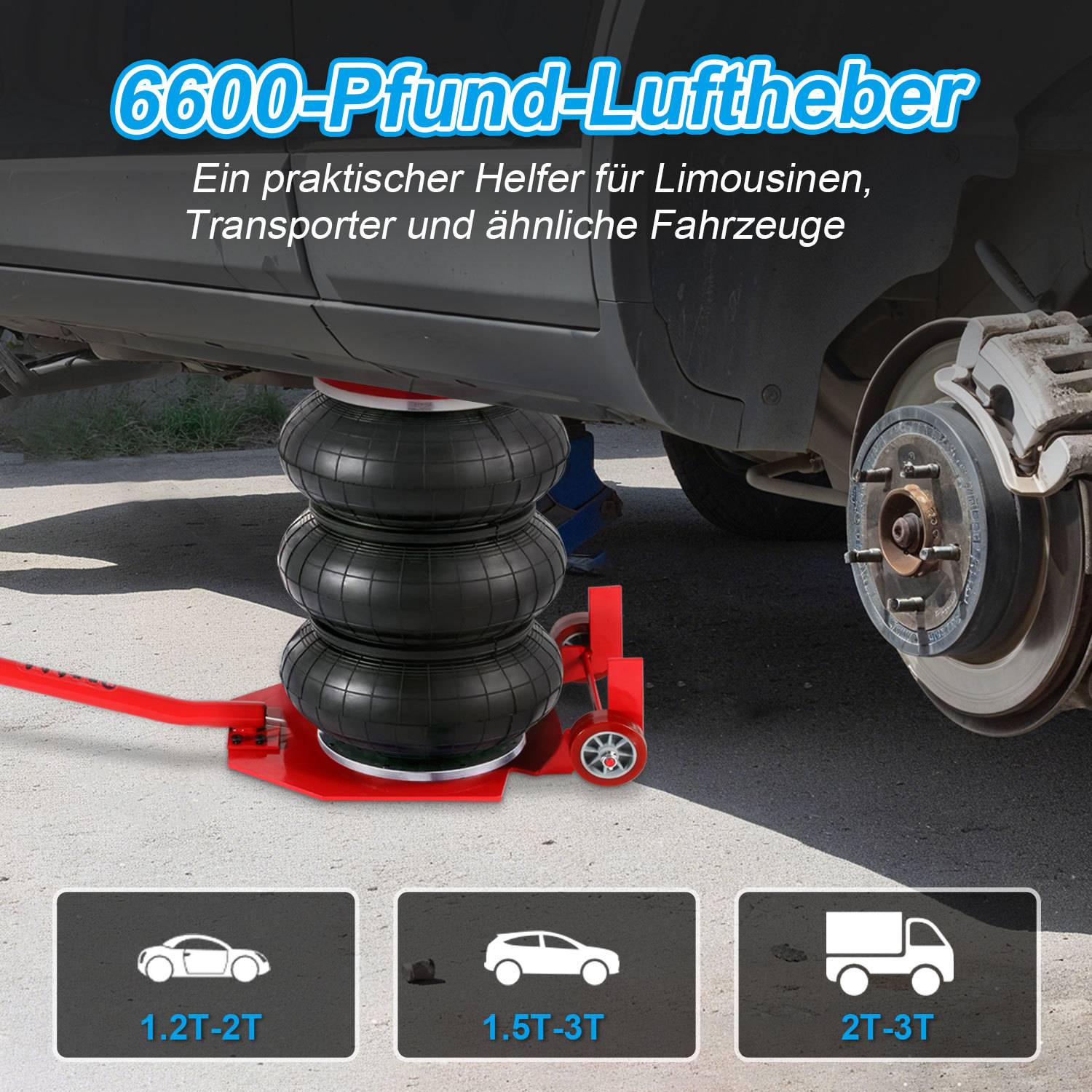 3 t Pneumatik-Wagenheber, 15-40 cm Hubbereich, Langgriff und Rollen