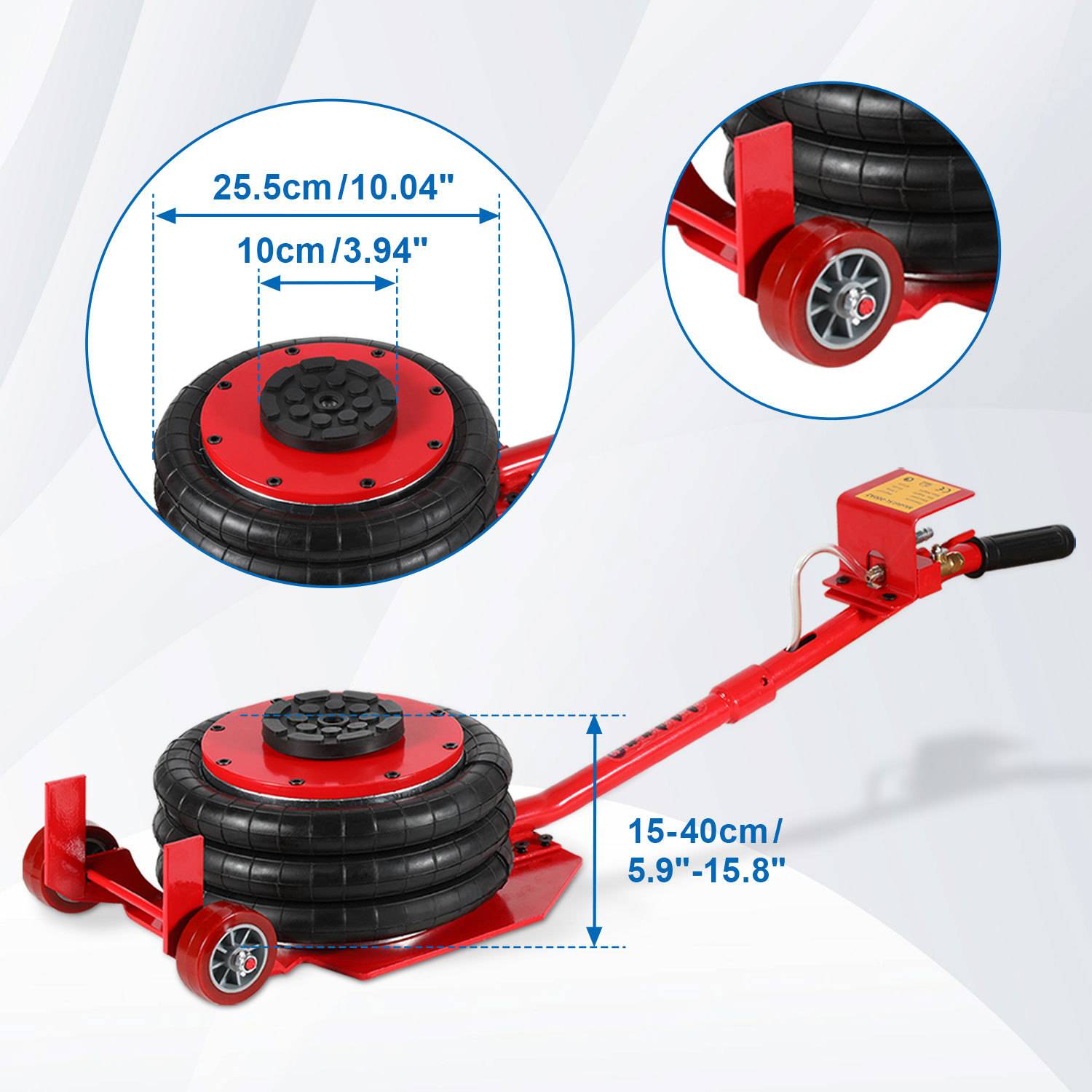 Roter mechanischer Wagenheber zum Anheben eines Autos mit aufgeblasenem Gummibalg, Rad und Griff; Etiketten zeigen die Größe 25,5 cm Breite, 10 cm Mittelpunkt und Hubbereich 15–40 cm.