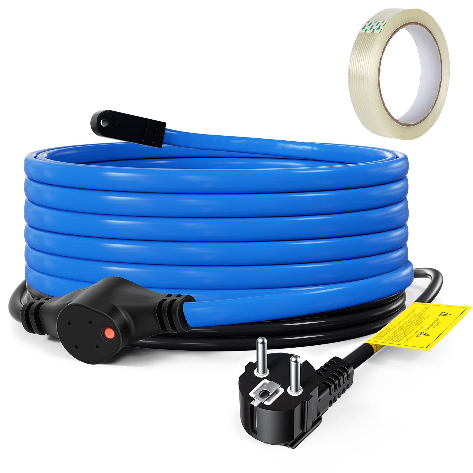 Blaues aufgerolltes Stromkabel mit Stecker- und Buchsenenden, plus eine Rolle transparentes Klebeband, auf weißem Hintergrund gezeigt.