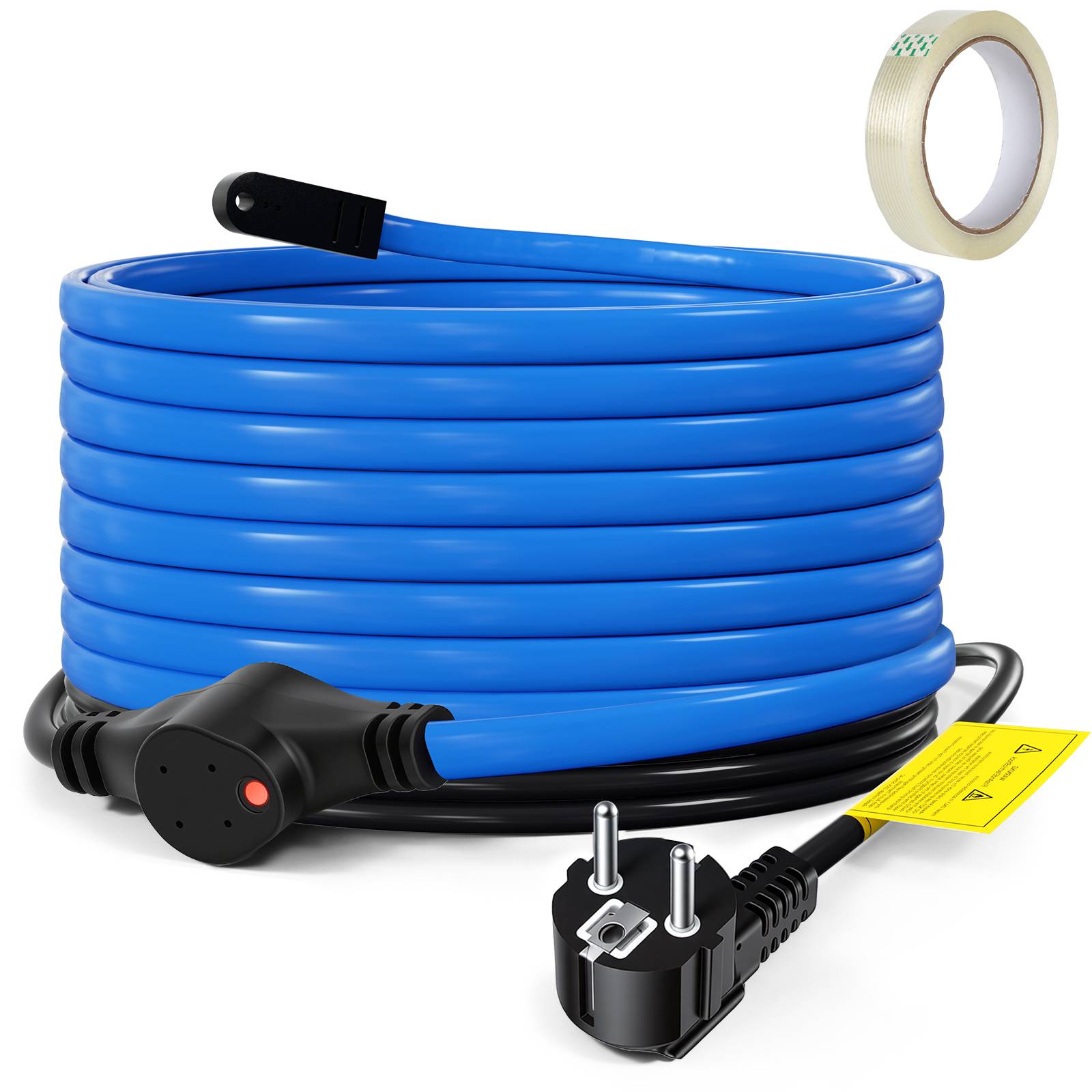 Aufgerolltes blaues Außenverlängerungskabel mit geerdetetem Stecker, Inline-Schalter und Rolle Elektroband auf weißem Hintergrund.