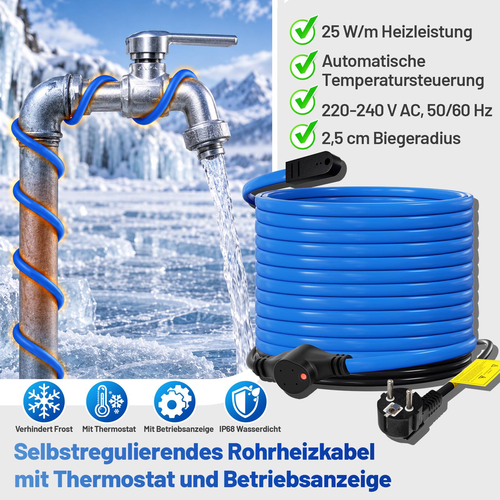 Frostschutz Heizkabel 2m 50W mit Thermostat &amp; Kontrollleuchte Rohrheizkabel Heizleitung für Wasserleitung Wasserdicht Rohrleitungen Inkl. 10m
