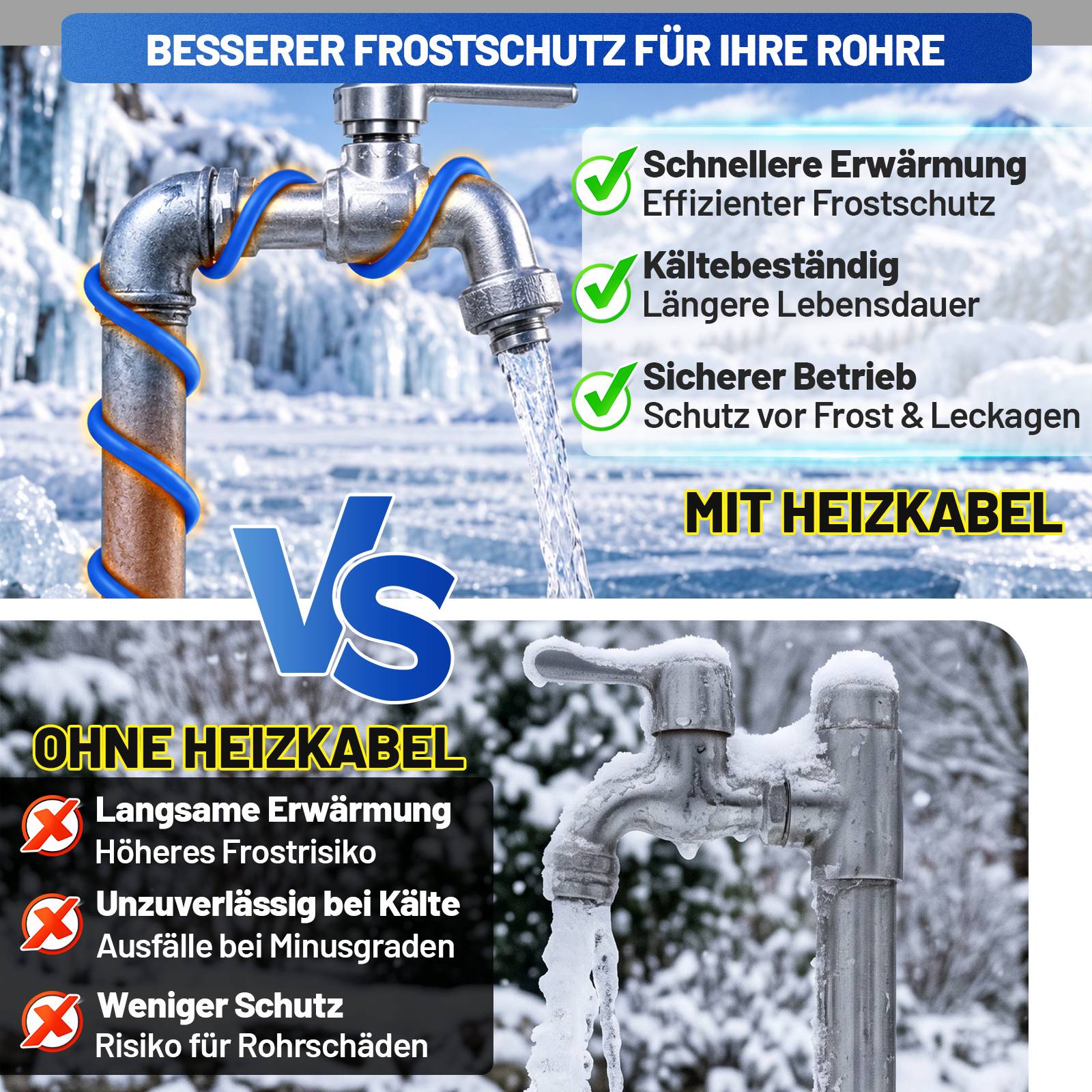 18m 450W Frostschutz Heizkabel mit Thermostat &amp; Kontrollleuchte Rohrheizkabel Heizleitung für Wasserleitung Wasserdicht Rohrleitungen Inkl. 10m