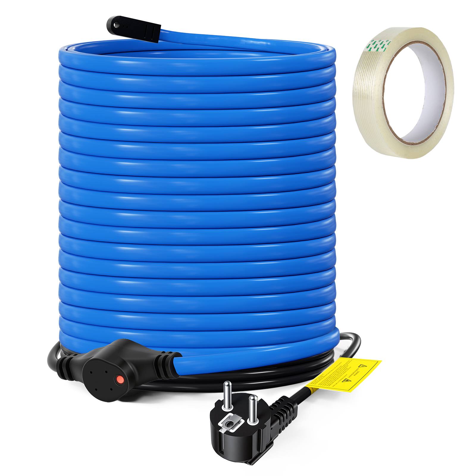 Blaues aufgerolltes Kabel mit Stecker und Verbinder, dargestellt mit einer Rolle Klebeband auf weißem Hintergrund.