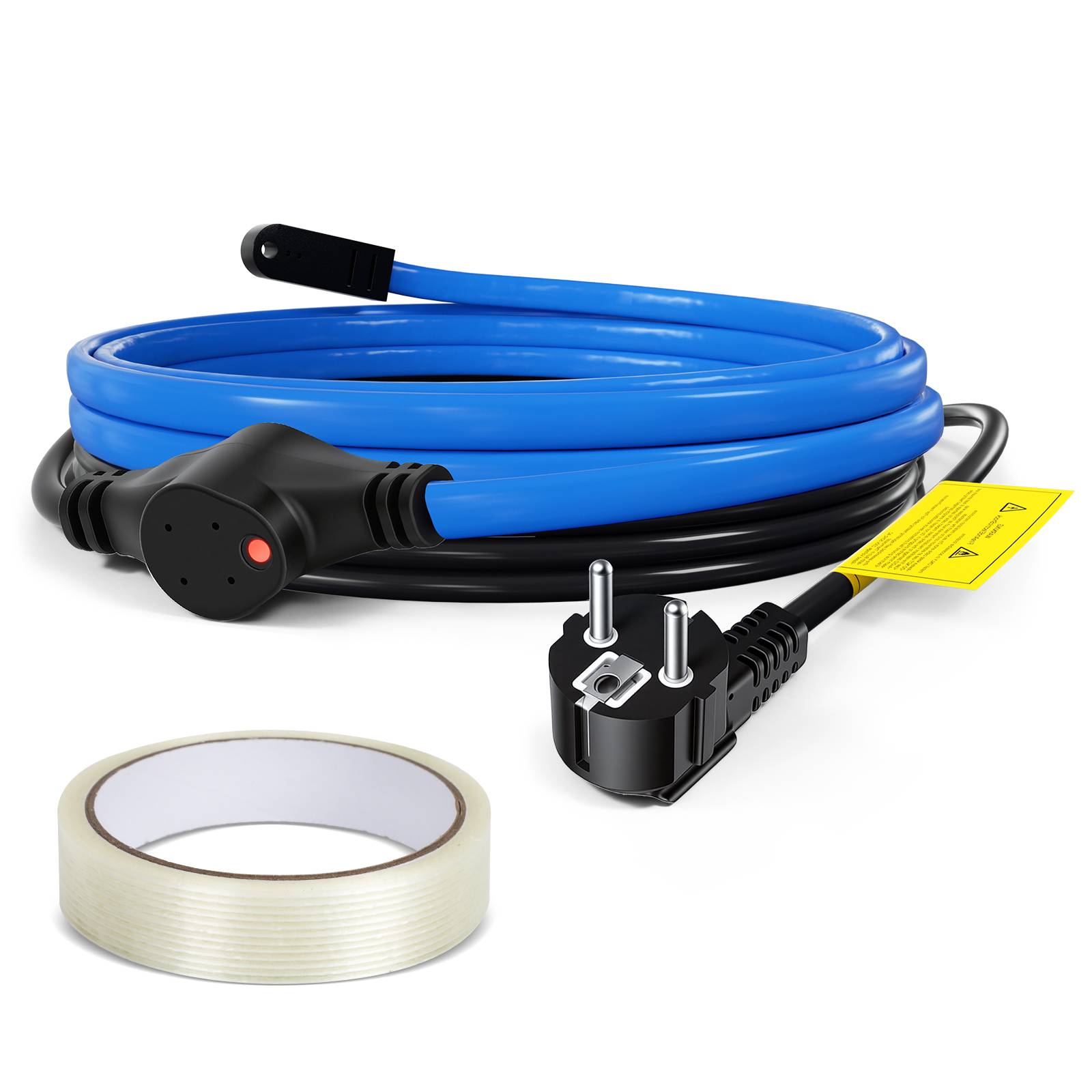 Aufgerolltes blau-schwarzes Elektrokabel mit Stecker und Verbinder, gezeigt mit einer Rolle durchsichtigem Klebeband.